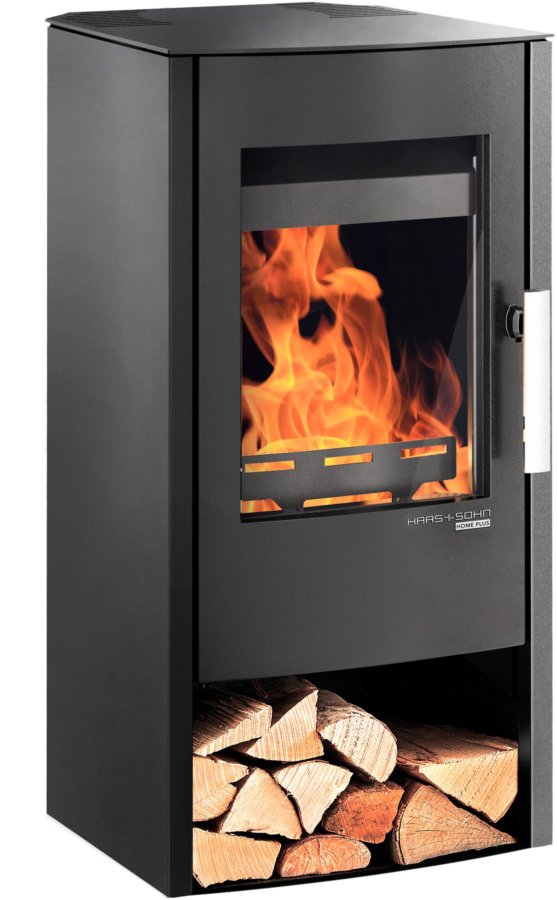 Haas + Sohn Kaminofen RUBUS easy, Stahl, tief-schwarz, mit Holzfach, Zeitbrand