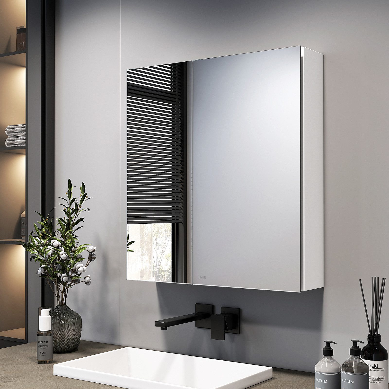EMKE Spiegelschrank badspiegelschrank, 2-türig, ohne Beleuchtung, 60 × 65 cm Aluminiumkorpus, Innen-/Außenspiegel, Soft-Close, 2 Glasböden