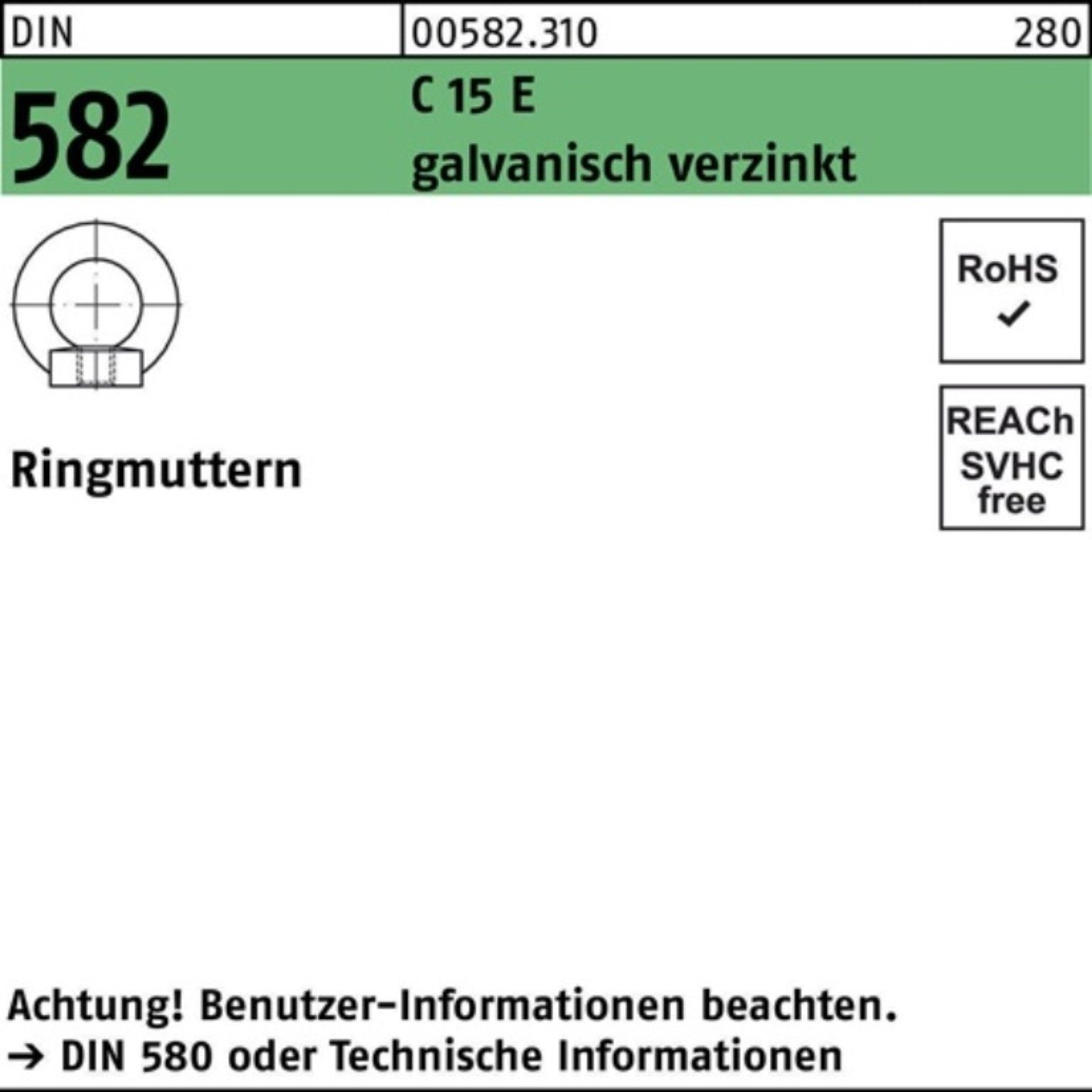 Reyher Ringmutter 100er Pack Ringmutter 25 M10 galv.verz. E 582 Stück DIN 15 582 C DIN