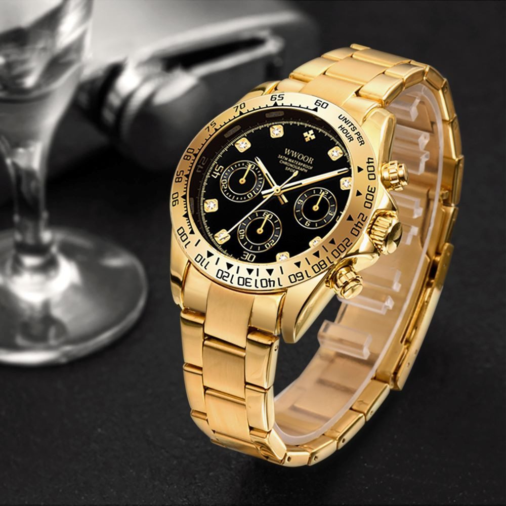 Tidy Quarzuhr WWOOR Herren-Armbanduhr, Chronograph, Edelstahl, Gold /Schwar günstig online kaufen
