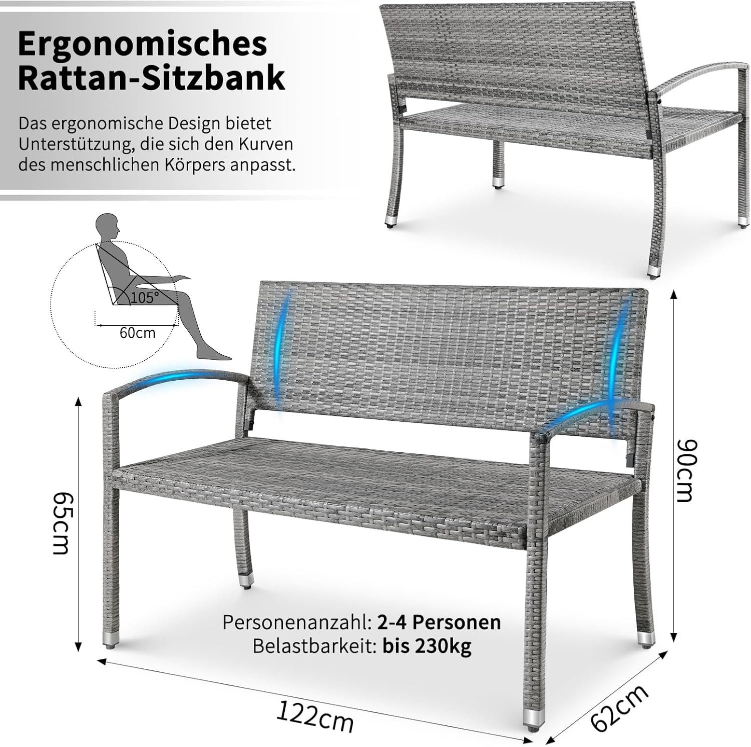 TLGREEN Gartenbank Polyrattan Sitzbank Wetterfest, 2 Sitzer Parkbank (Rattanbank), aus UV-beständigem Polyrattan-Geflecht