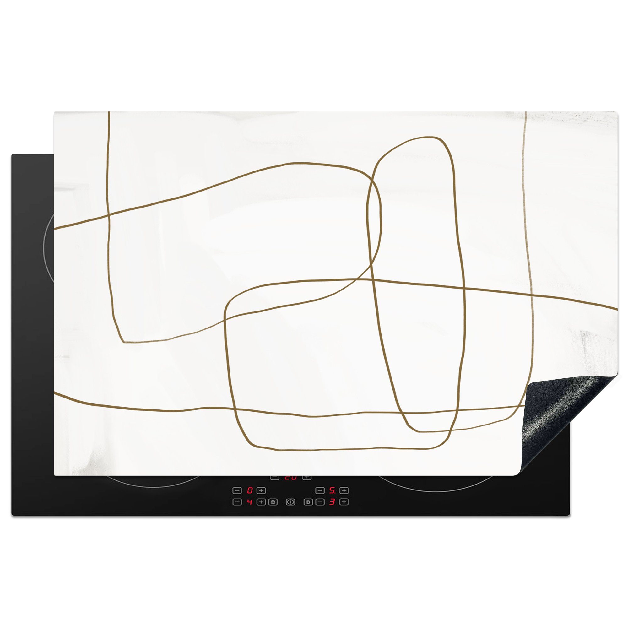 MuchoWow Herdblende-/Abdeckplatte Abstrakt - Weiß - Braun, Vinyl, (1 tlg), 81x52 cm, Induktionskochfeld Schutz für die küche, Ceranfeldabdeckung