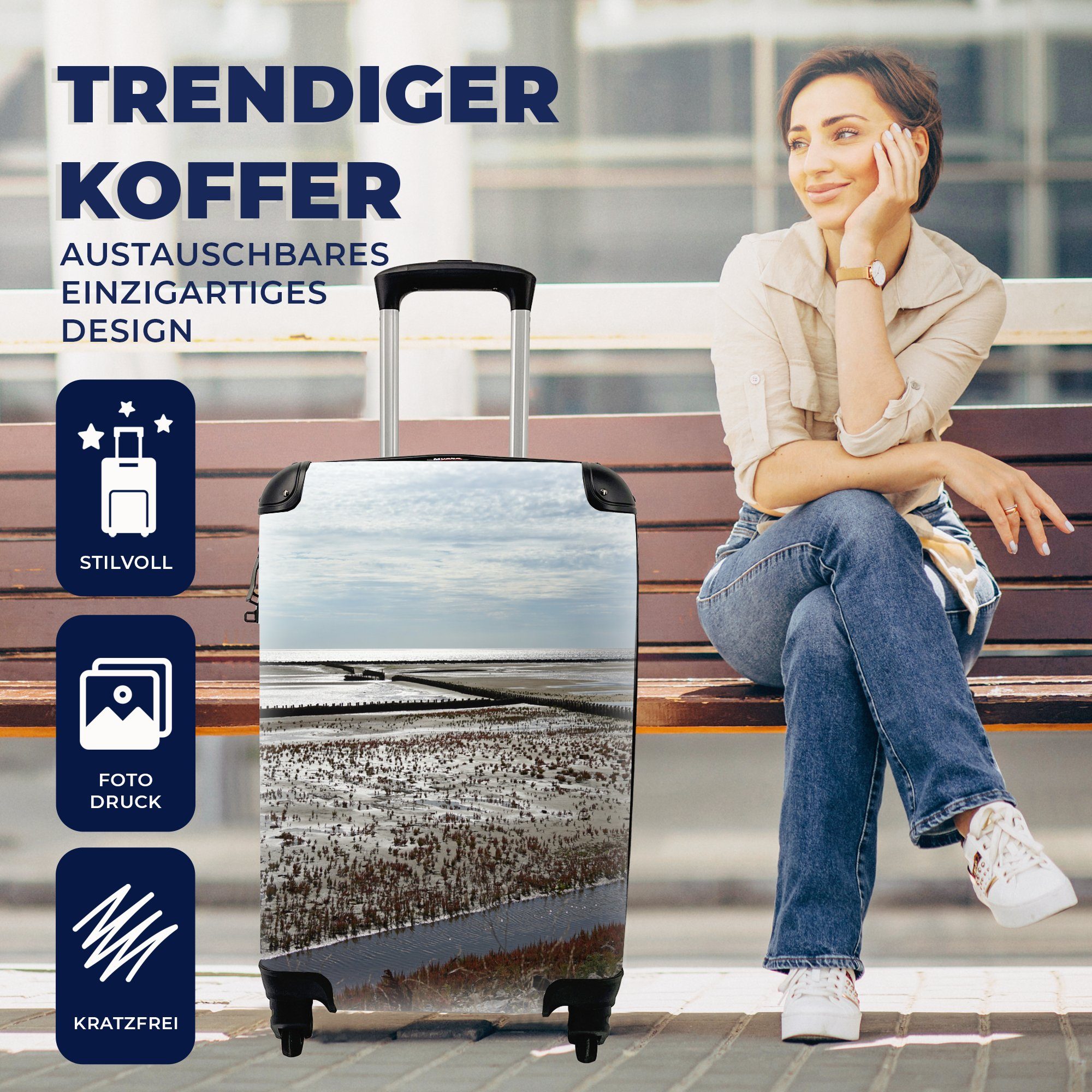 Handgepäck für 4 Reisekoffer - Trolley, Ferien, Meer Himmel, Handgepäckkoffer Reisetasche - MuchoWow Sand mit Rollen, rollen,