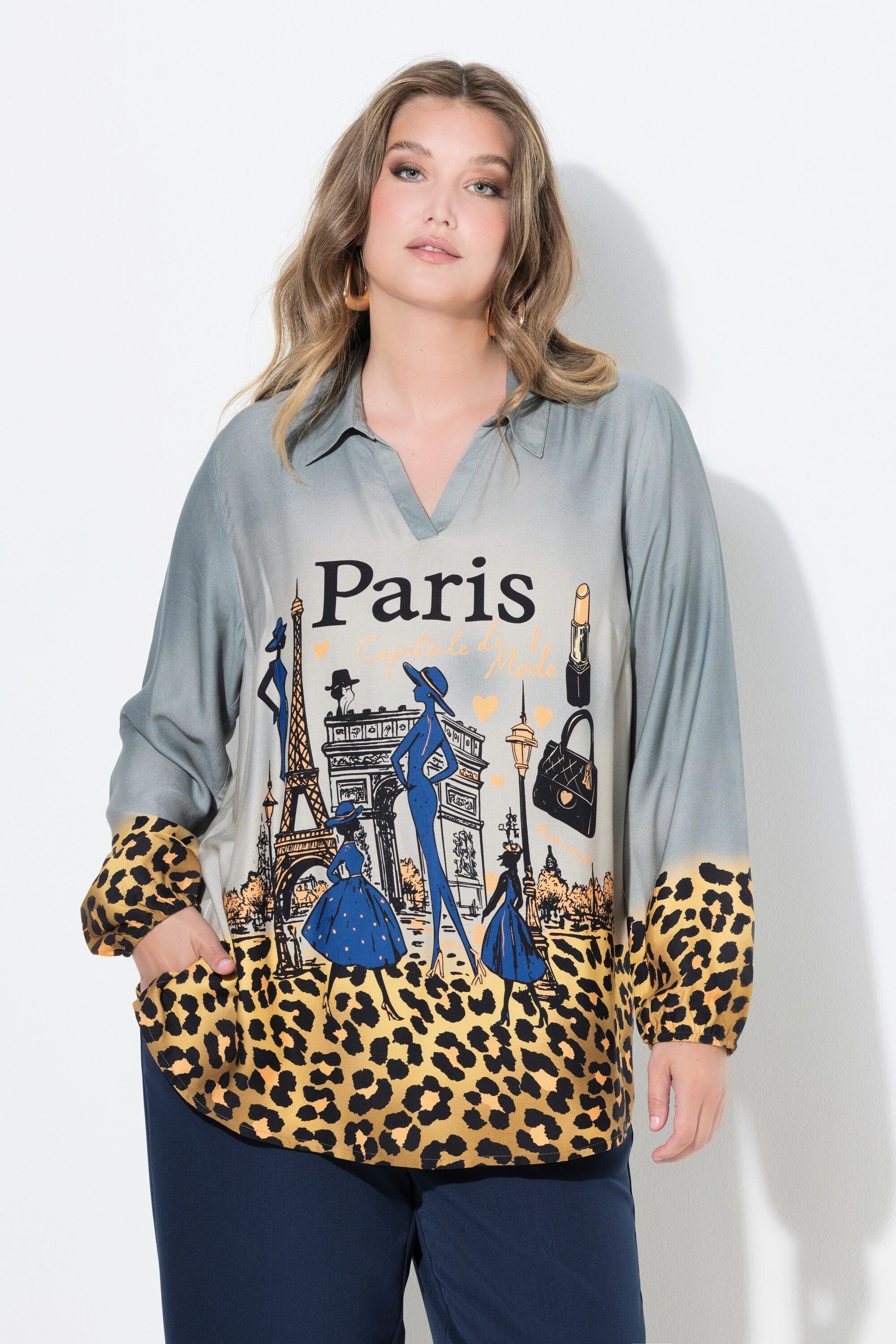 MIAMODA Longbluse Tunikabluse A-Linie Paris-Print Leo-Kanten Langarm günstig online kaufen