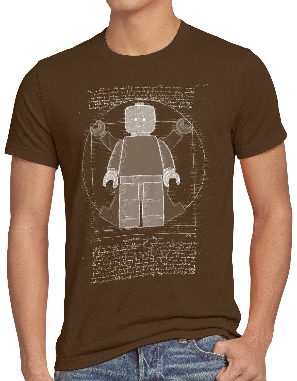 style3 Print-Shirt Herren T-Shirt Vitruvianische Klemmbausteinfigur da vinci mensch braun