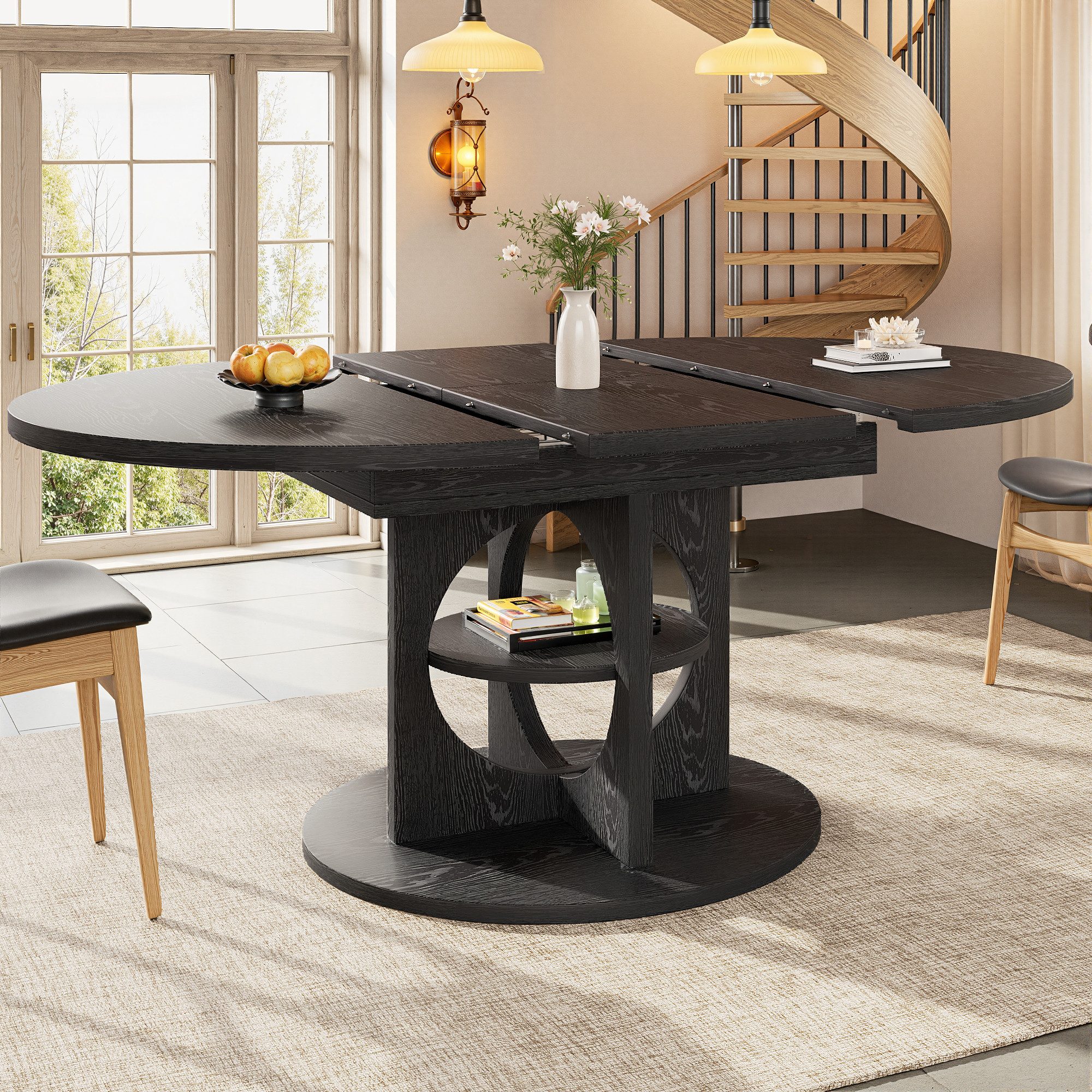 i@home Esstisch Ausziehbarer Esstisch mit Stauraum (1 Tisch), 110–150cm, Holzoptik/Schwarz, belastbar bis 60kg, rund zu oval