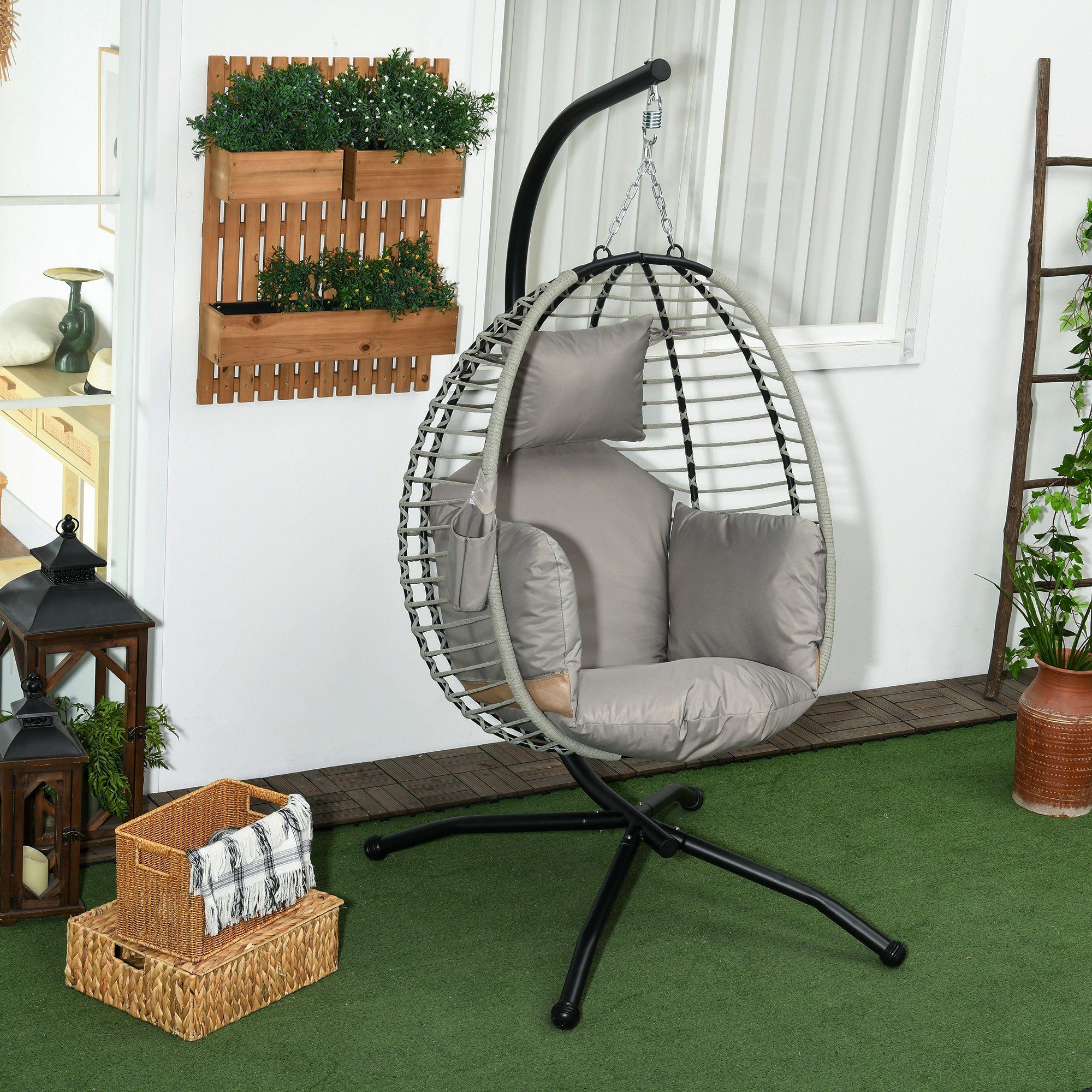 Outsunny Hängesessel Hängeschaukel mit Bechertasche, Klappbarem Sitzkorb (Korbsessel, 1-St., Schaukelsessel), für Garten, Wohnzimmer, bis 120 kg Belastbar, Stahl, Grau