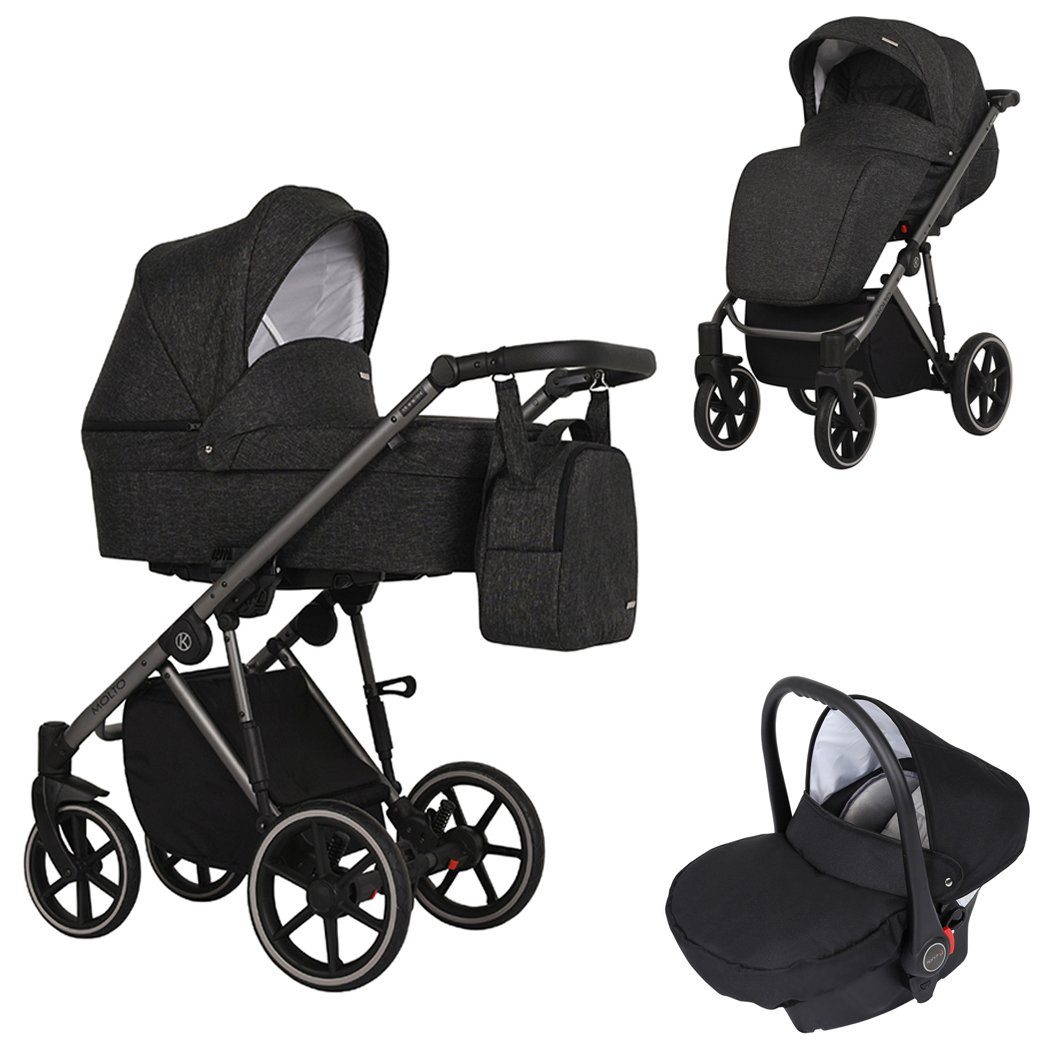 babies-on-wheels Kombi-Kinderwagen Molto 3 in 1 inkl. Autositz - 13 Teile - von Geburt bis 4 Jahre Schwarz = graues Gestell