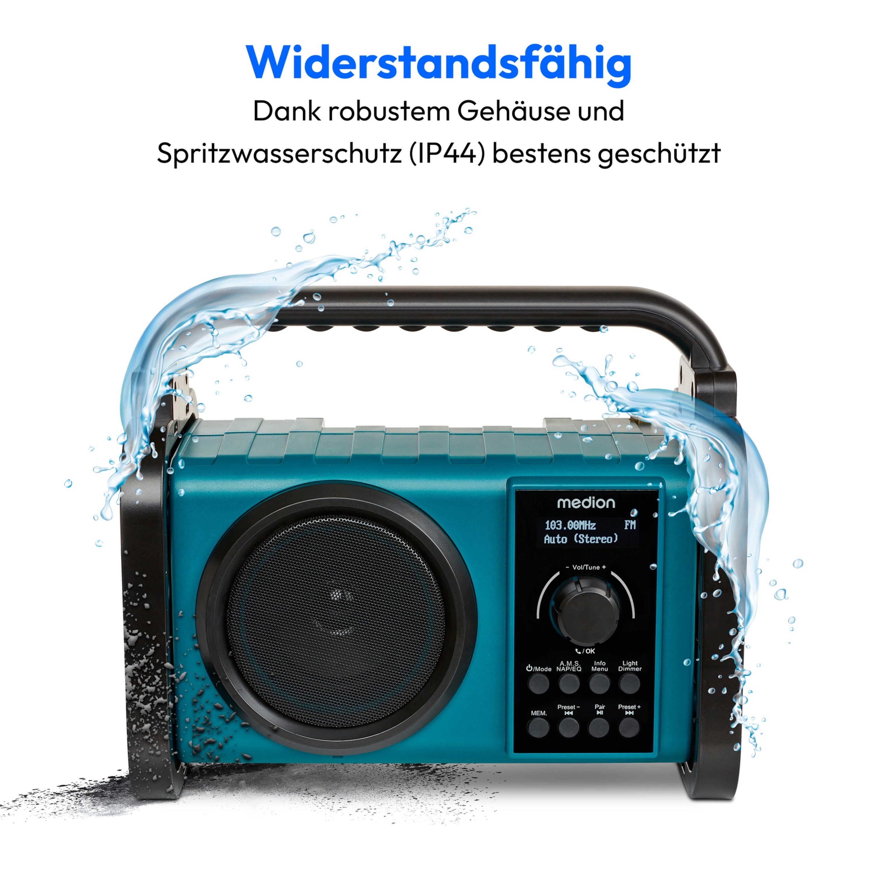 Medion® Baustellenradio MEDION® LIFE® E66877 (MD43877) Baustellenradio (AM/FM, MW/UKW, DAB+, 5 W, integrierter Akku, LED-Arbeitslicht, Bluetooth 5.0, IP44-Schutz)