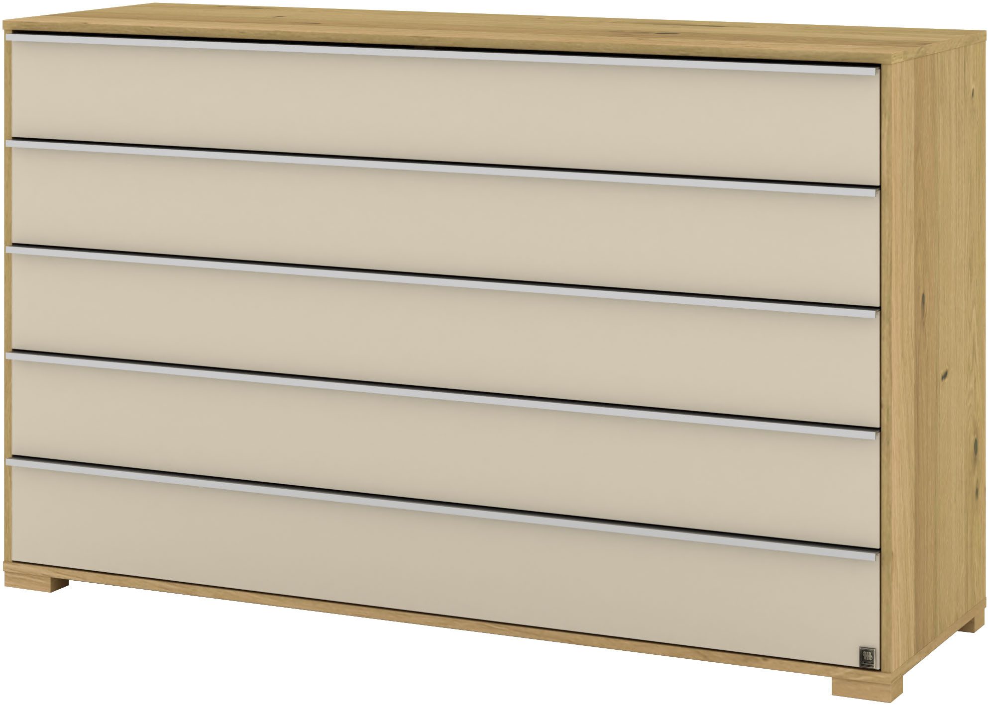 Musterring Schubkastenkommode Savona Sideboard, Wäscheschrank, mit Schubladen, teilmassiv, 141 cm (Bianco-Eiche, mit Glas, mit Selbsteinzug und Dämpfung, MADE IN GERMANY), Fronten Glas Champagner, Schubkästen mit Soft-Abstoppung, Breite 141cm