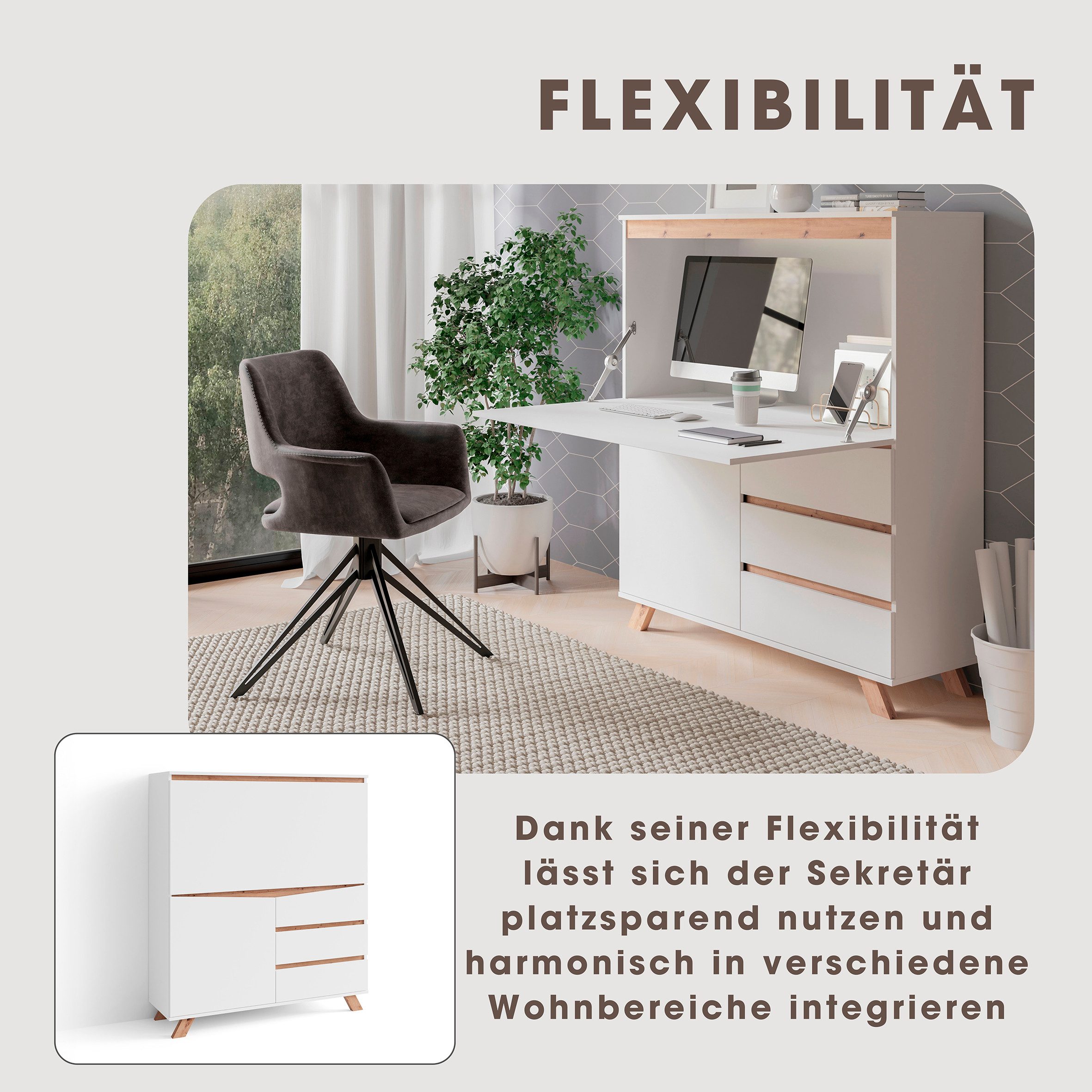 byLIVING Sekretär Valentin (1 St), platzsparende Arbeitslösung mit viel Stauraum, Breite 120 cm