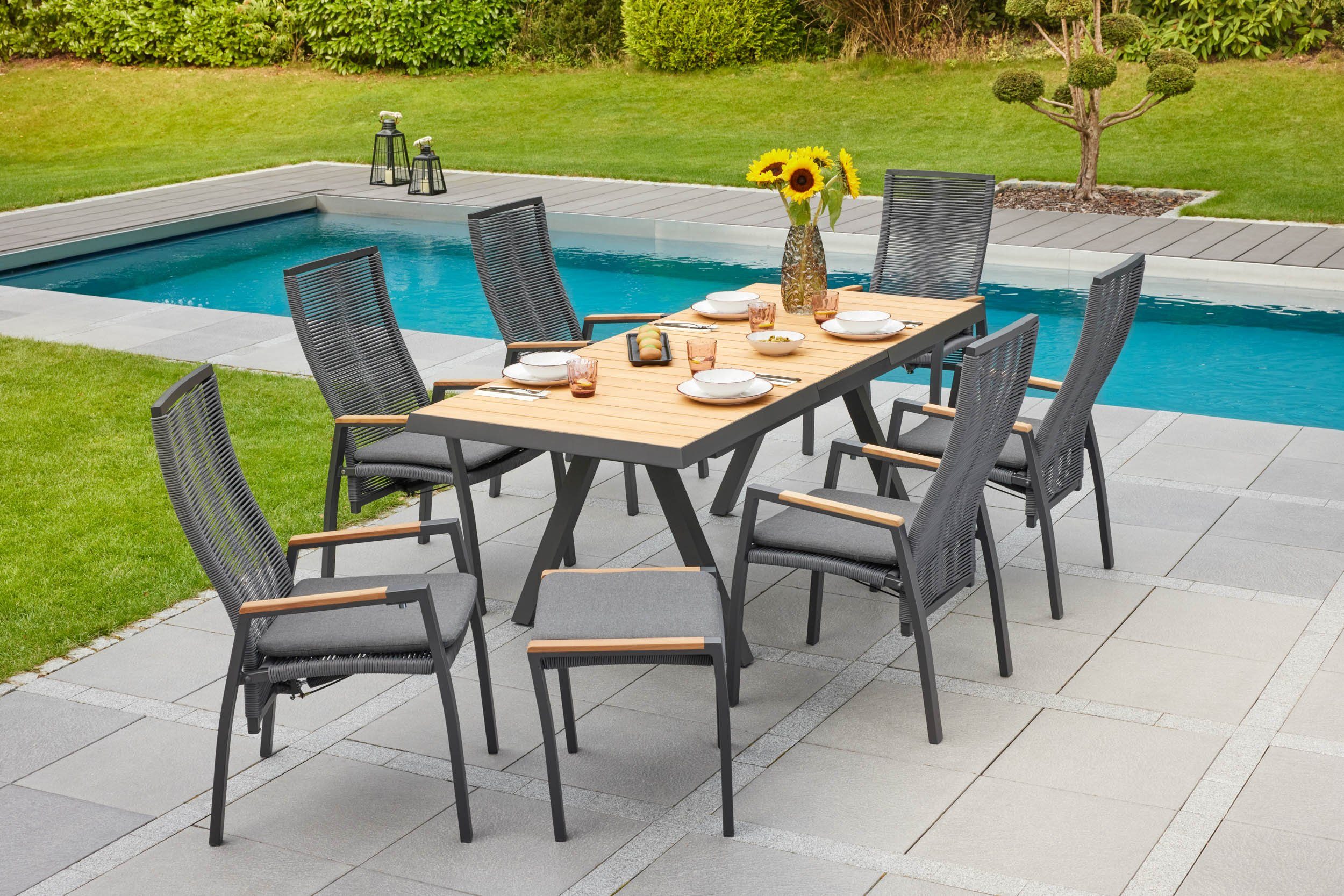 LC Garden Gartenstuhl Diwo anthrazit/grau Aluminium/Rope mit Sitzkissen aus Sunbrella® Stoff (Set, 1 St), stufenlos verstellbar