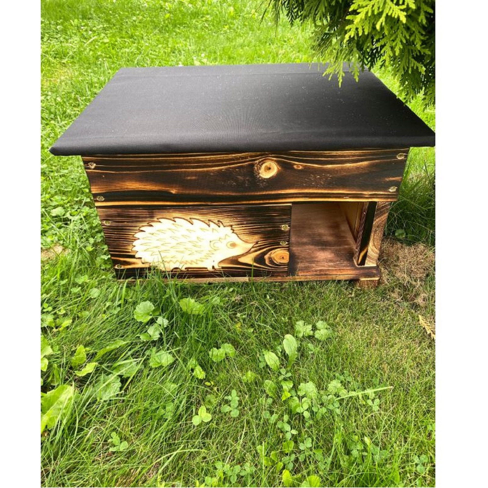 QLS Tierhaus Igelhaus aus Holz 40x50x30 cm Geflammt, mit abnehmbarem Dach Wetterfest Geflammt