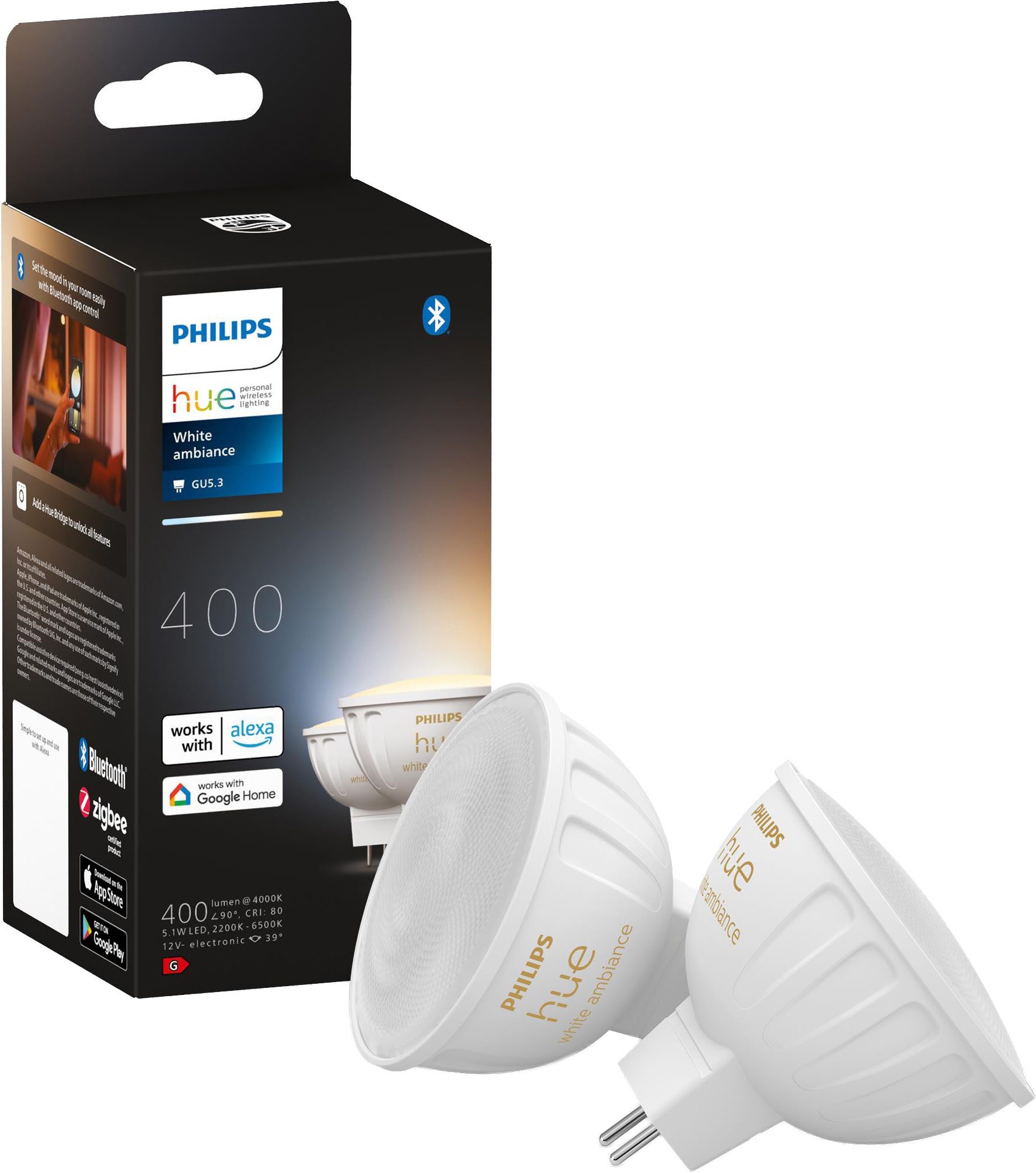 Philips Hue LED-Leuchtmittel White Ambiance MR16 400lm, GU 5,3, 2 St., Farbwechsler