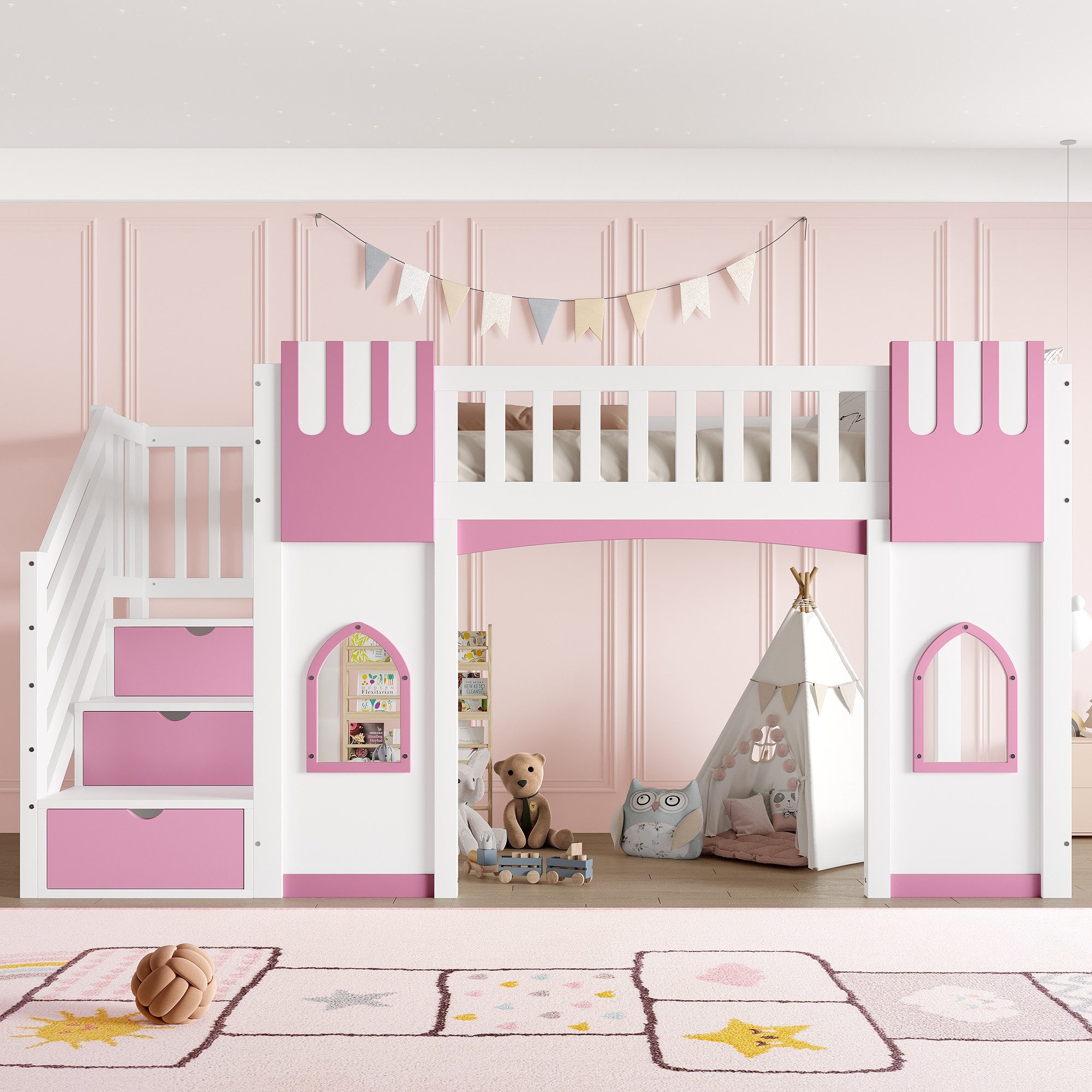 Merax Hochbett (Jugendbett Einzelbett, 1-St., Hausbett) Massivholz Kinderbett 90x200cm mit Stauraumtreppe Fenstern & Geländer