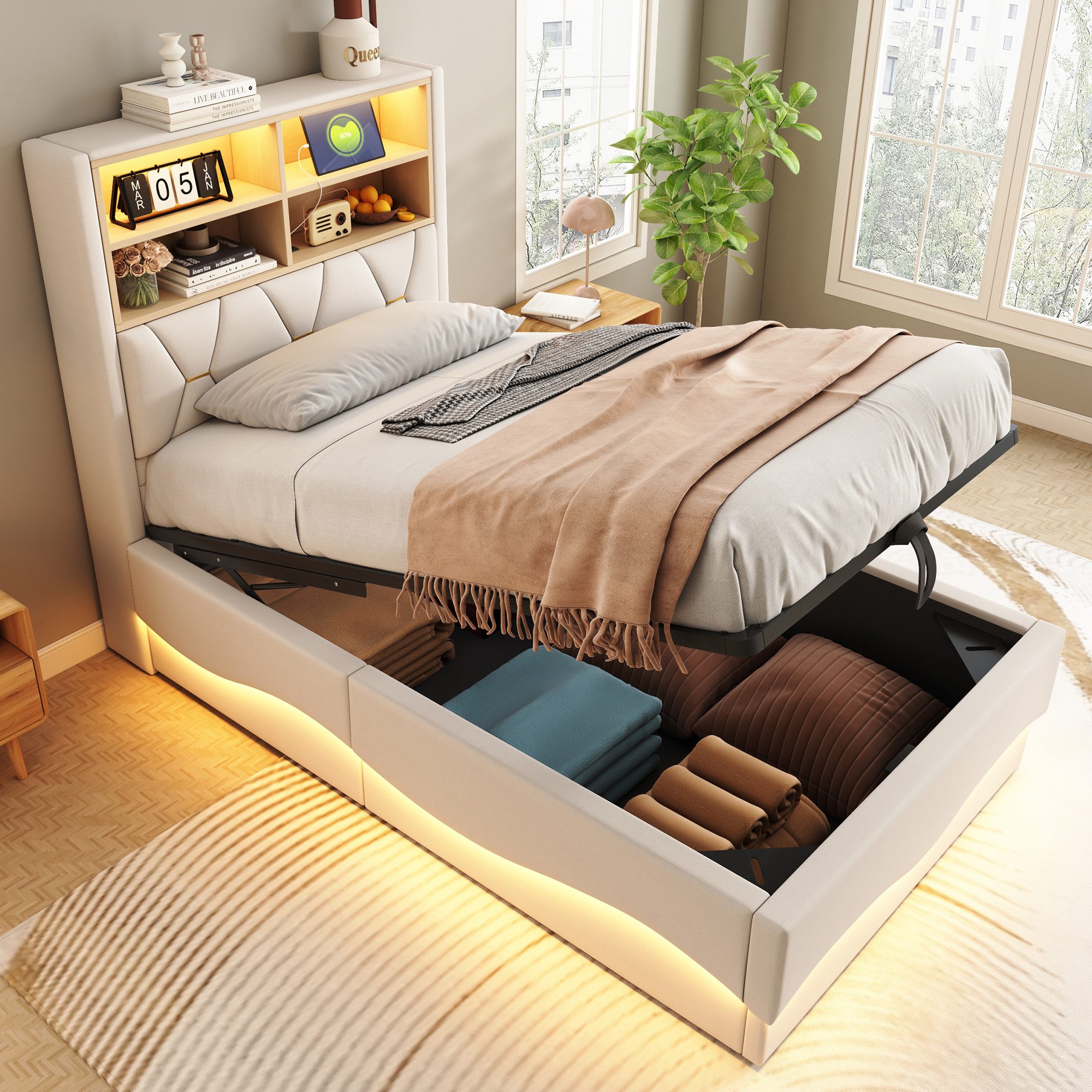 Polsterbett 90×200 mit hydraulischem Stauraum, LED-Licht, USB-Ladeanschluss Beige