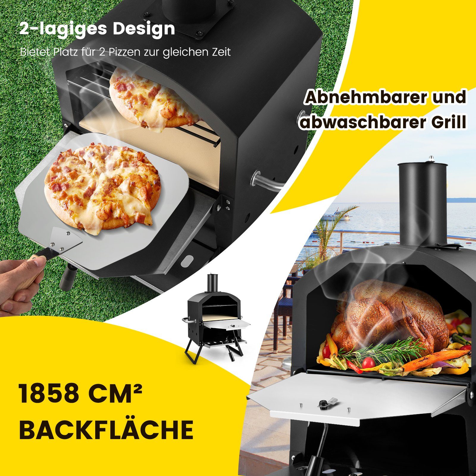 COSTWAY Pizzaofen 2-Schicht Holzofen, Outdoor, mit Pizzastein & Pizzaschaufel