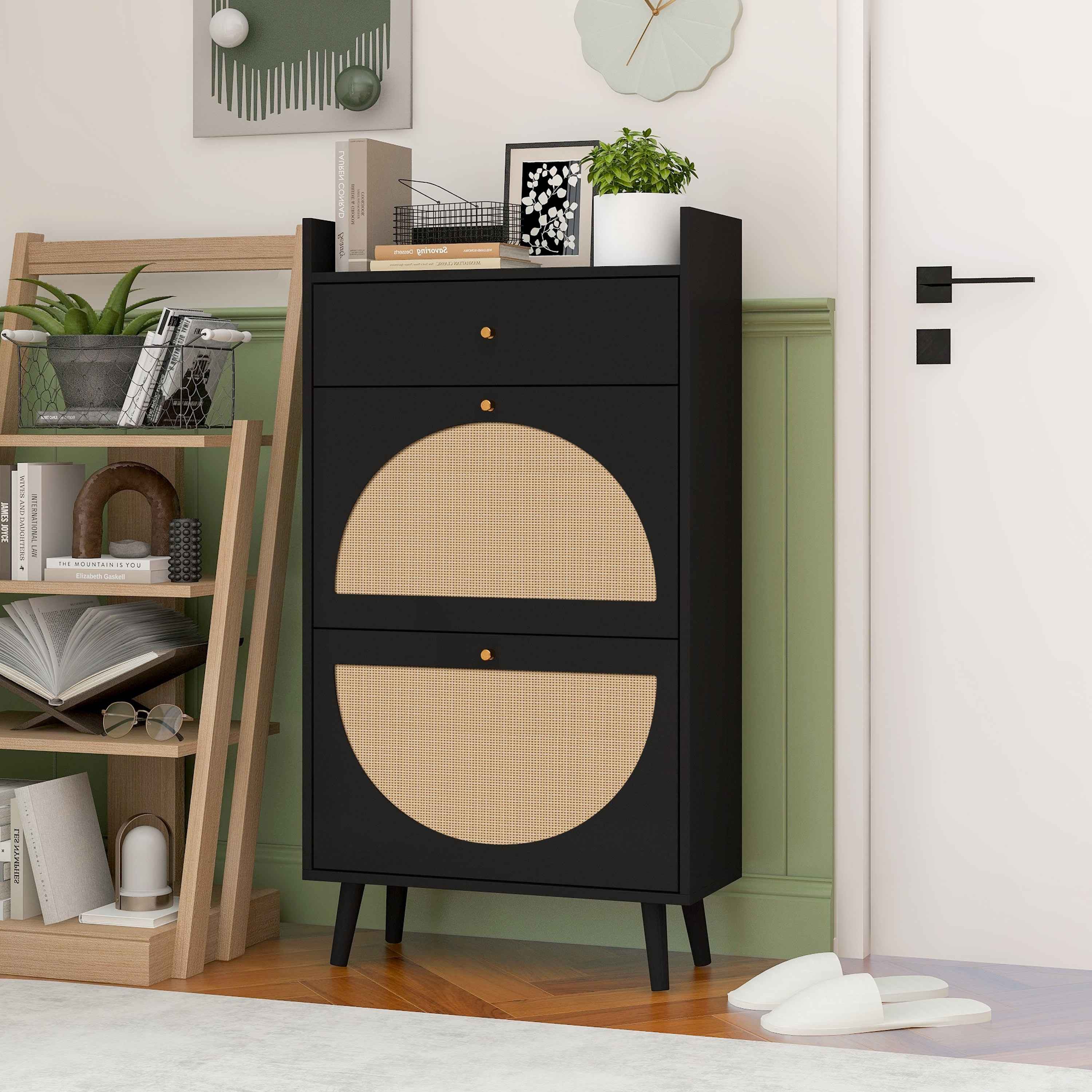 BlingBin Schuhschrank Rattan Schuhkommode mit 2 Flip Tür mit 1 Schublade (1 günstig online kaufen