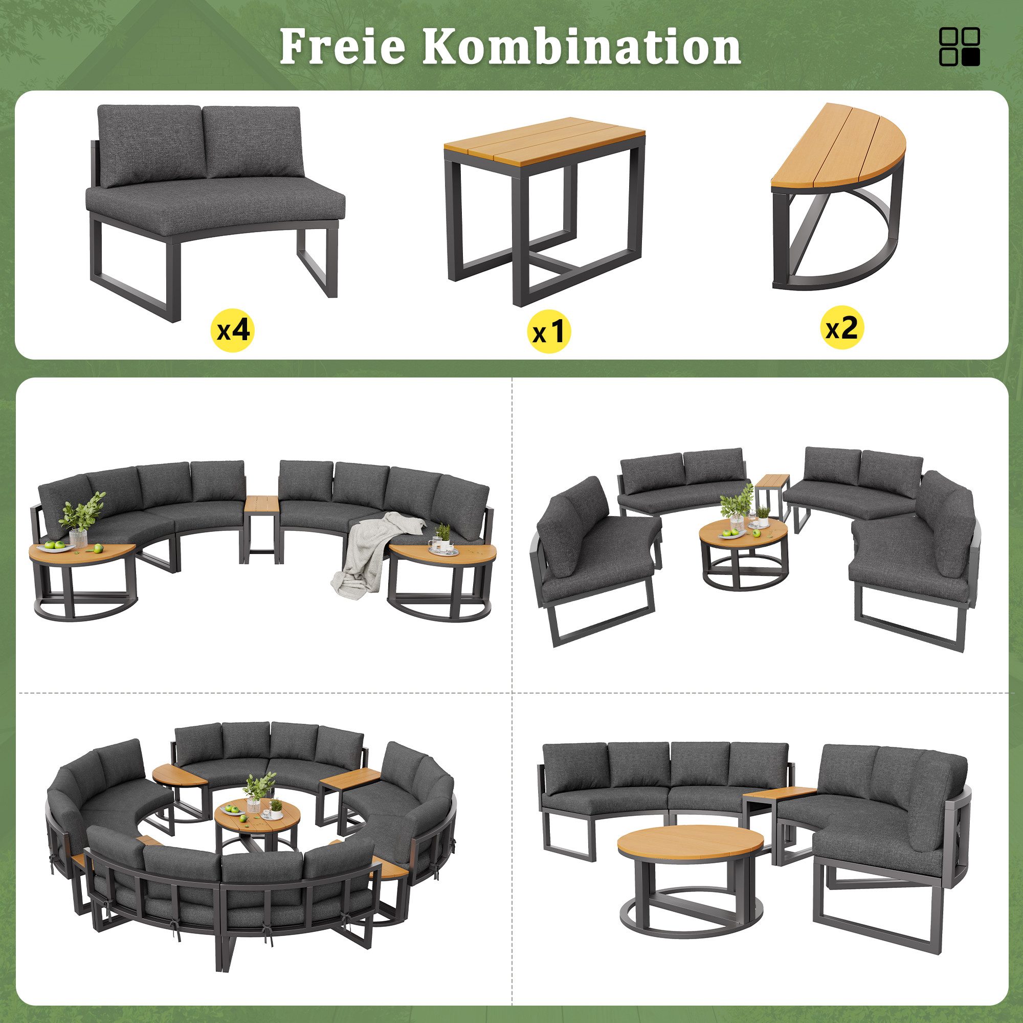 Flieks Gartenlounge-Set, (2-tlg), 2 Set x 8-Sitzer Halbkreisförmiges Gartenmöbel-Set Sitzgruppe