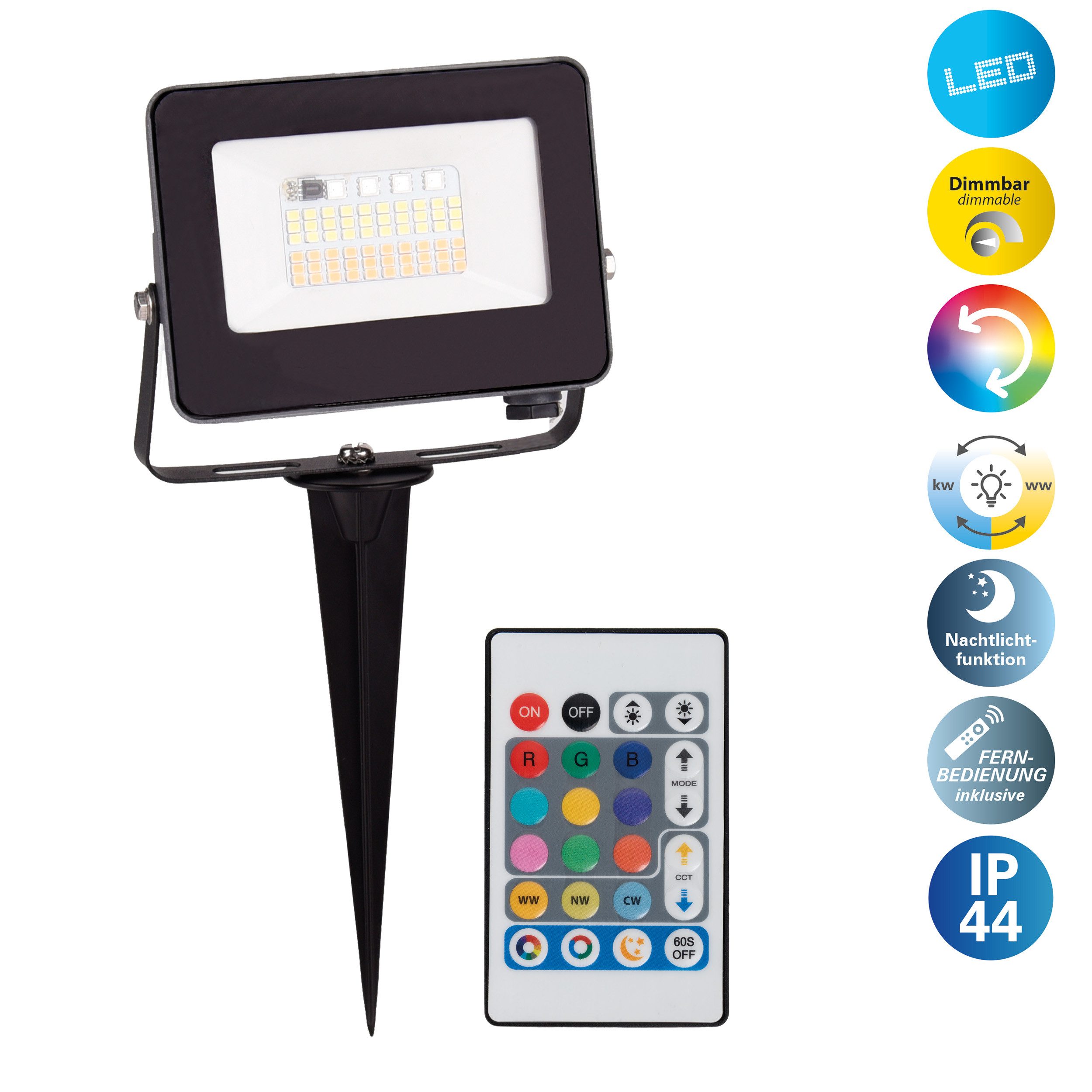 näve LED Gartenstrahler Pia, CCT - über Fernbedienung, Dimmfunktion, Farbwechsel, Fernbedienung, Infrarot inkl., Memoryfunktion, Nachtlichtfunktion, dimmbar über Fernbedienung, mehrere Helligkeitsstufen, LED fest integriert, RGB, warmweiß - kaltweiß, RGBW, Memory, Nachtlicht, dimmbar, Fernbedienung, Zuleitung 300cm