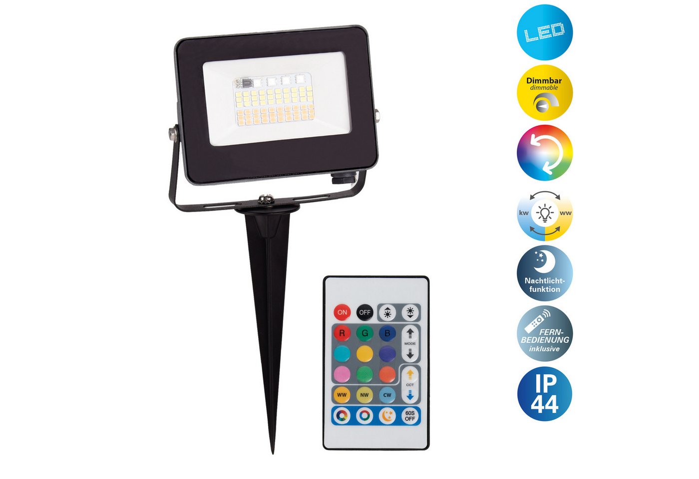 näve LED Gartenstrahler Pia, CCT - über Fernbedienung, Dimmfunktion, Farbwechsel, Fernbedienung, Infrarot inkl., Memoryfunktion, Nachtlichtfunktion, dimmbar über Fernbedienung, mehrere Helligkeitsstufen, LED fest integriert, RGB, warmweiß - kaltweiß, RGBW, Memory, Nachtlicht, dimmbar, Fernbedienung, Zuleitung 300cm