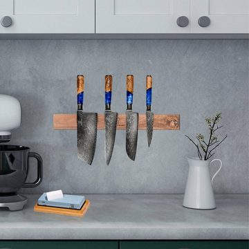 Küchenkompane Asiamesser Damast Küchenmesser Set mit magnetischer Holzleiste aus Akazie