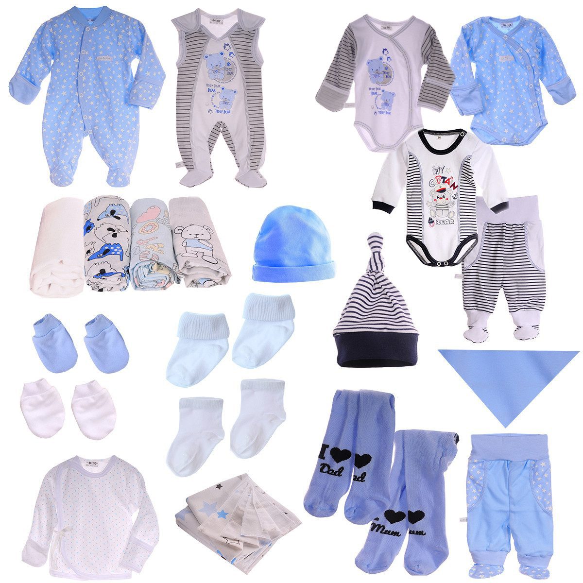 La Bortini Erstausstattungspaket Baby Set 22 Teile Body Hose Strampler Strumpfhosen Shirt Socken in Blau, aus Baumwolle, 44 50 56 62 Spucktücher Sabbertuch