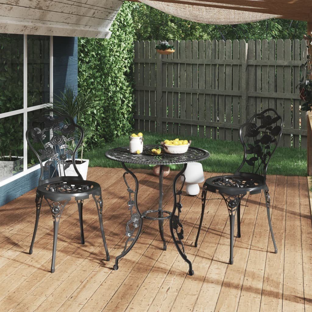 furnicato Bierzeltgarnitur Schwarzes Bistroset aus Aluminiumguss, 59x59x67 cm Tisch, 38x48x81 cm, (1-tlg), Wetterfeste Sitzgruppe mit Blumenmuster für den Balkon oder Hof