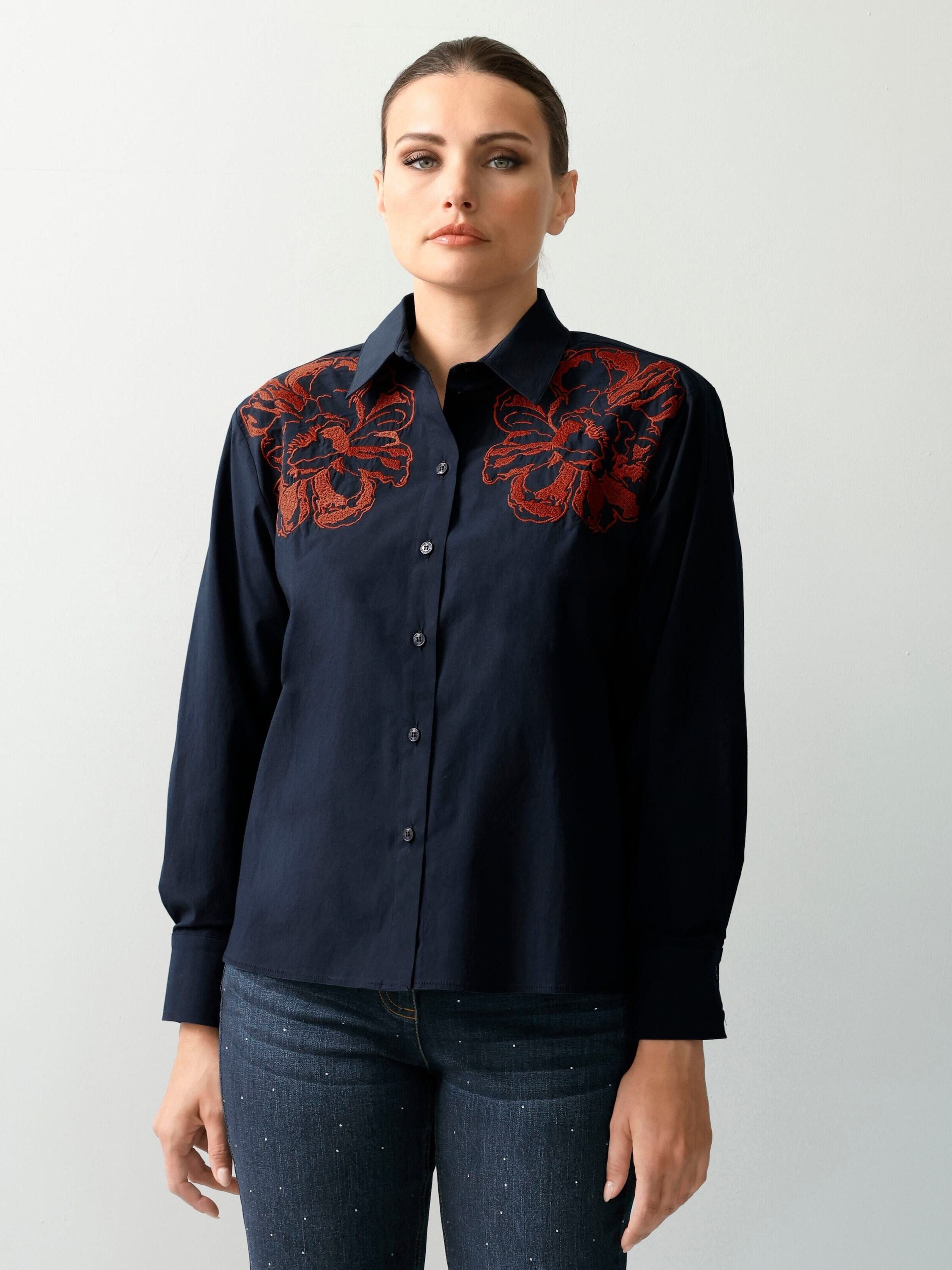 Alba Moda Hemdbluse Bestickte Freizeitbluse mit Blüten Florale Optik trifft Hemdkragen: modischer Eyecatcher