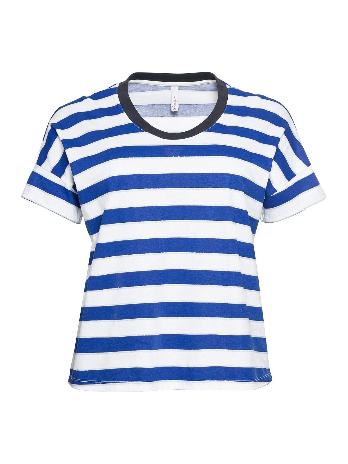 in T-Shirt Oversize-Form Größen Sheego mit Große royalblau-weiß Glitzergarn,