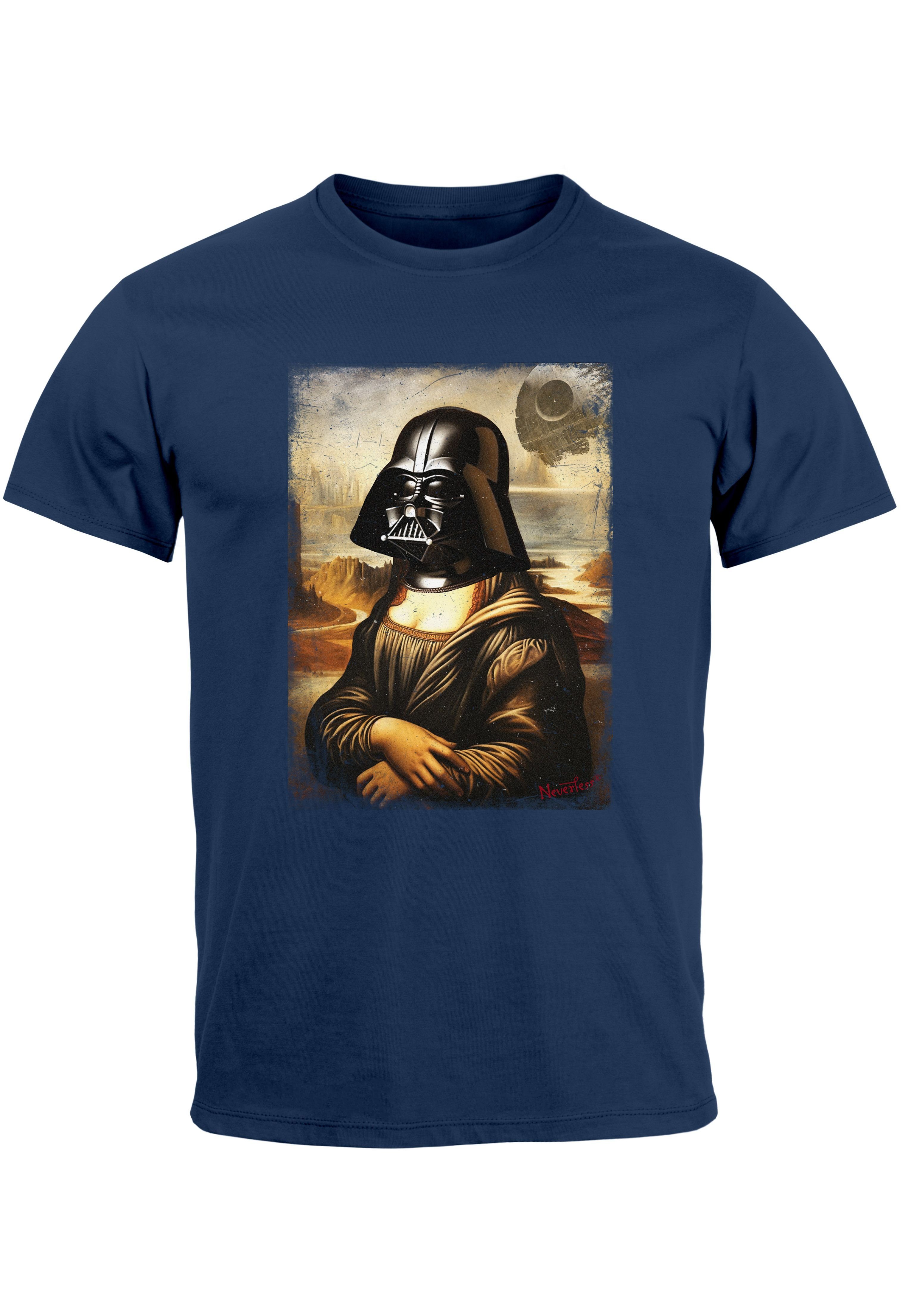 MoonWorks Print-Shirt Herren T-Shirt Print Aufdruck Mona Lisa Parodie Meme Kapuzen-Pullover mit Print Darth Lisa navy