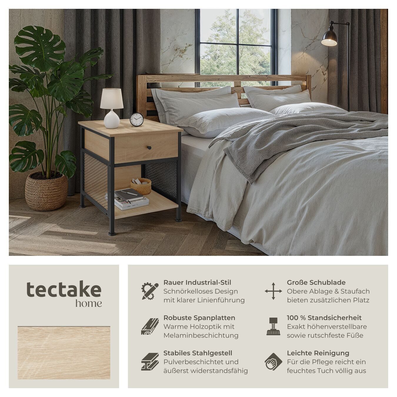 tectake Nachttisch Couchtisch mit höhenverstellbaren Kunststofffüßen, 45 x 46 x 55,5 cm (Beistelltisch Killarney, 1-St., in Industrial Holz hell, Eiche Sonoma), Ablage, Schublade und Staufach mit seitlichen Gitterflächen