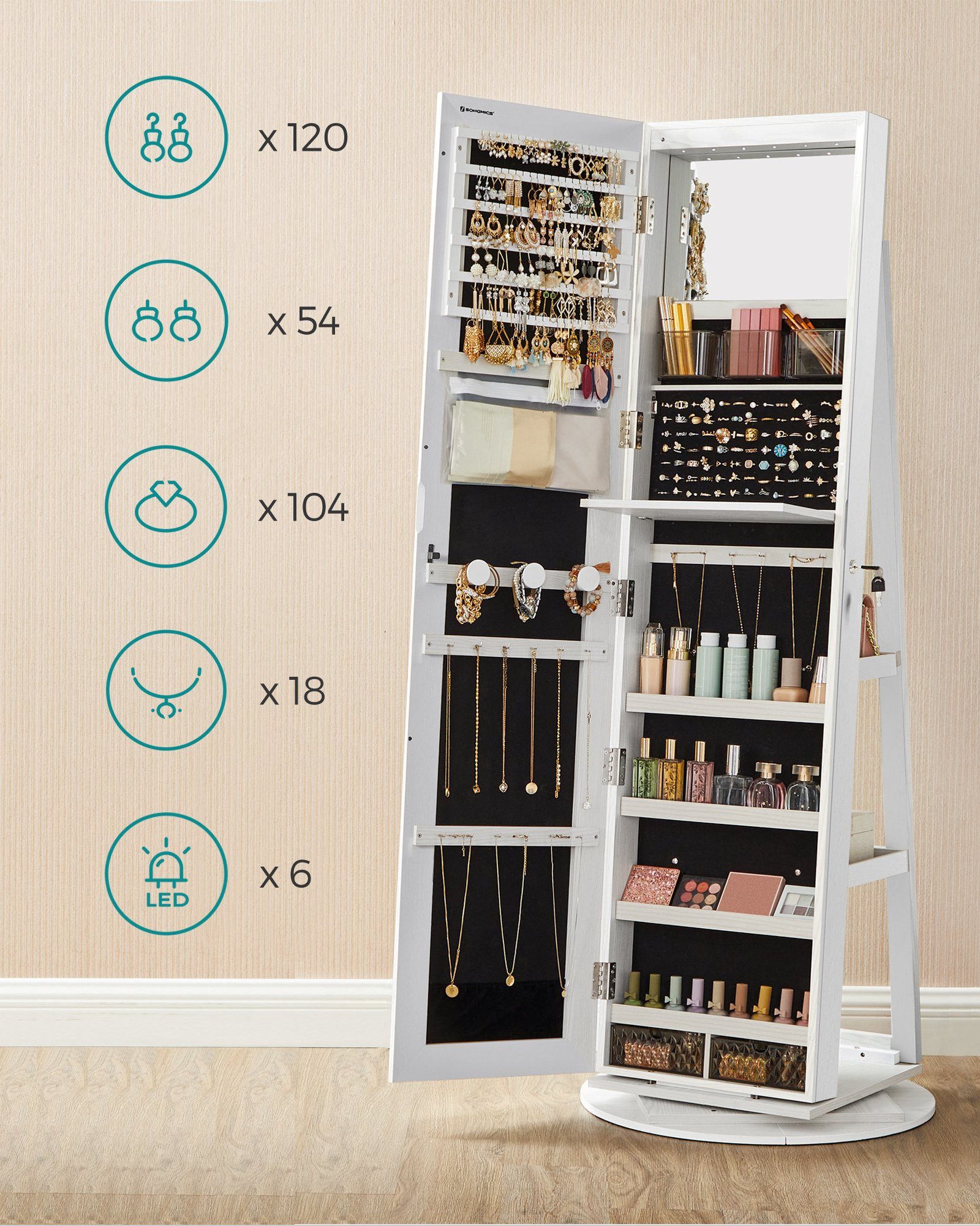 SONGMICS Schmuckschrank Spiegelschrank abschließbar, 3 Ablagen 360° drehbar, mit rahmenlosem Ganzkörperspiegel, Oberfläche – Bild 5 von 5