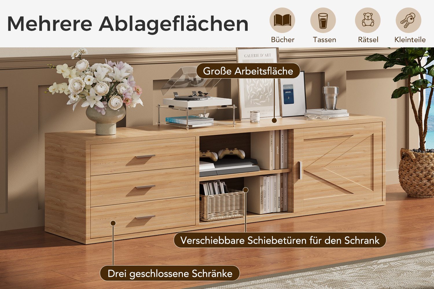 HOMAVO Lowboard TVG1 mit 3 Schubladen & Schiebetür, 160 - 180 cm (FSC®, viel Stauraum, pflegeleicht), Bodenstehendes TV-Lowboard mit Stauraum – Bild 2 von 5