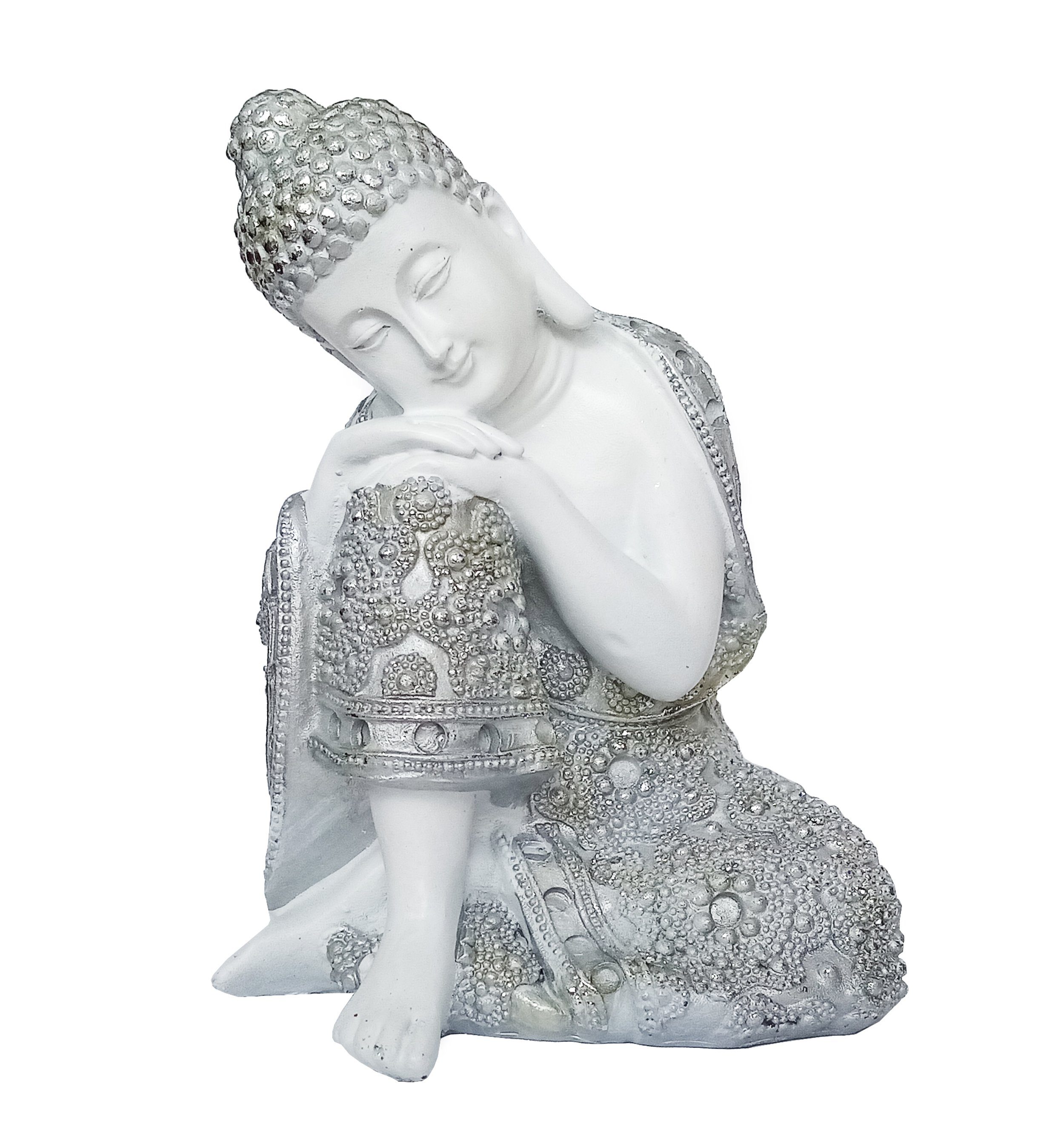 Giftdecor Buddhafigur Buddha Figur 12x16cm Auf Knie Silber/Weiss 41 (auf  rechtes Knie), aus Polyresin Thai Budda Garten Statue Feng Shui Deko