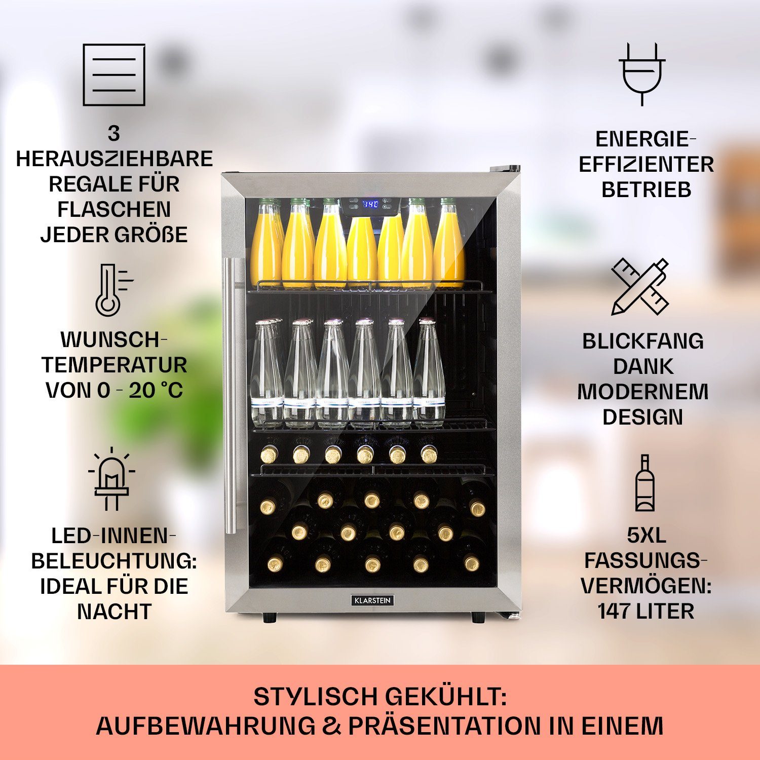 Klarstein Getränkekühlschrank Beersafe 5XL Kühlschrank 148L 3 Böden Panoramaglastür Edelstahl R600a 10045900, 85 cm hoch, 55 cm breit, Bierkühlschrank Getränkekühlschrank Flaschenkühlschrank mit Glastür