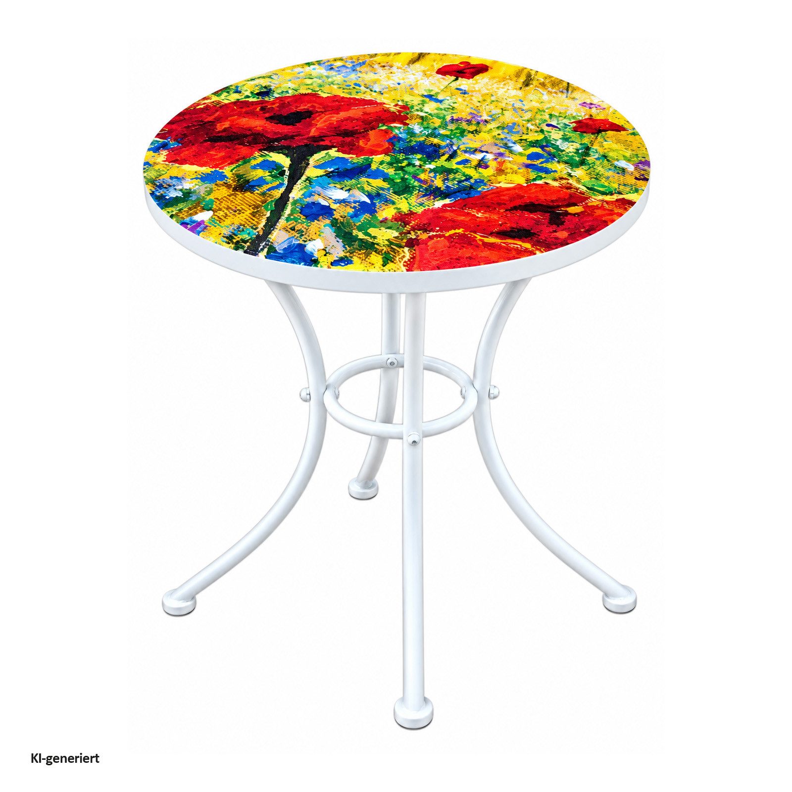 HTI-Living Gartentisch Runder Bistrotisch Celia Weiß mit Mohnblumen Motiv 57 cm (1 Stück, 1 Bistrotisch)