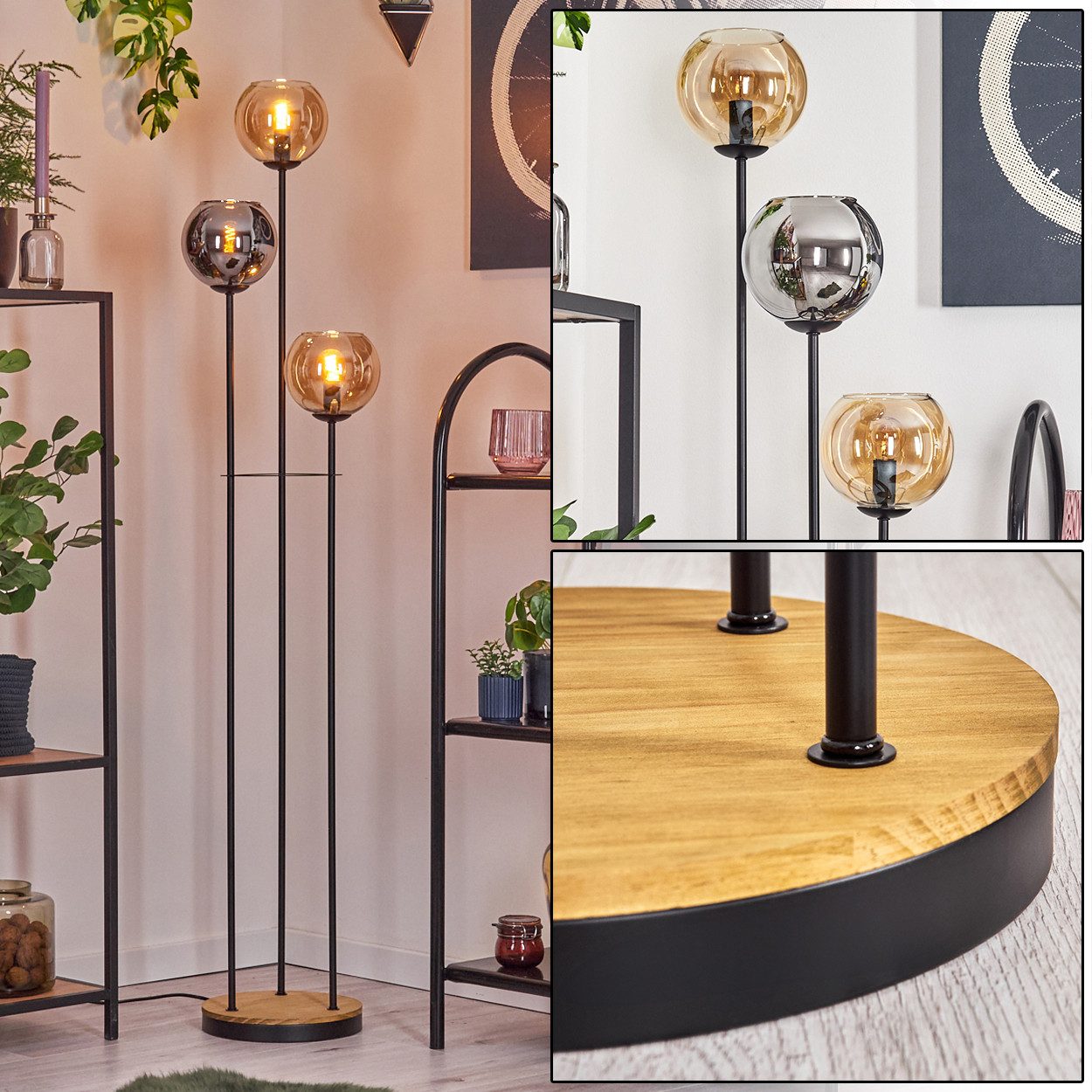 hofstein Stehlampe Stehlampe aus Metall/Holz/Glas in Schwarz/Braun/Bernstei günstig online kaufen
