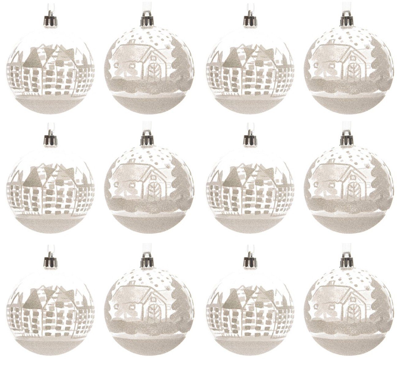 Decoris season decorations Christbaumschmuck, Kunststoff Weiß 8cm 12er Set Winterlandschaft Weihnachtskugeln Klar 