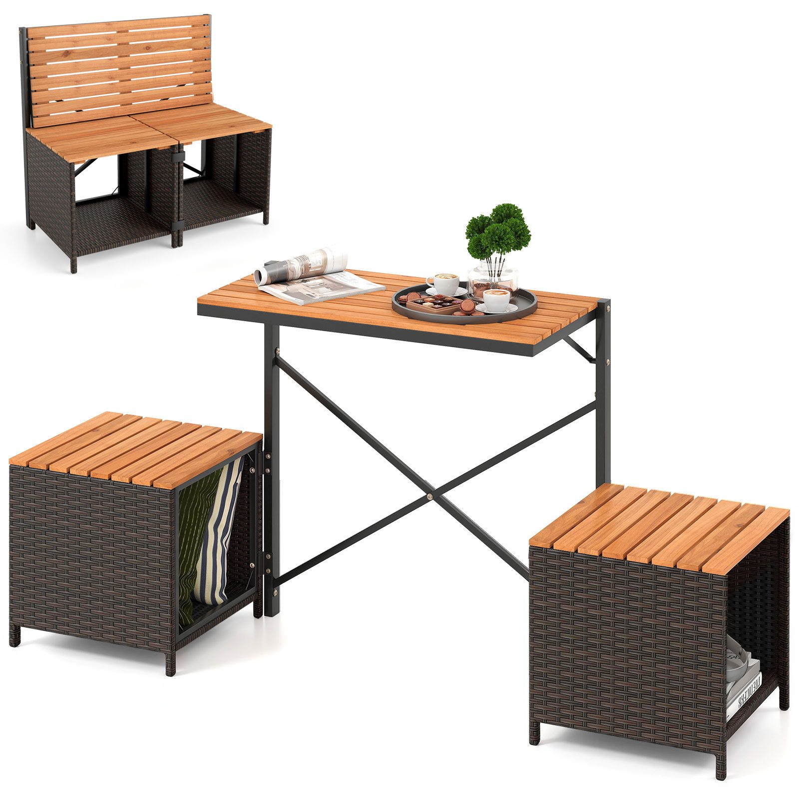 COSTWAY Balkonset, 2 in 1 Gartenbank, wandelbarer Picknicktisch & Sitzbank Rattan