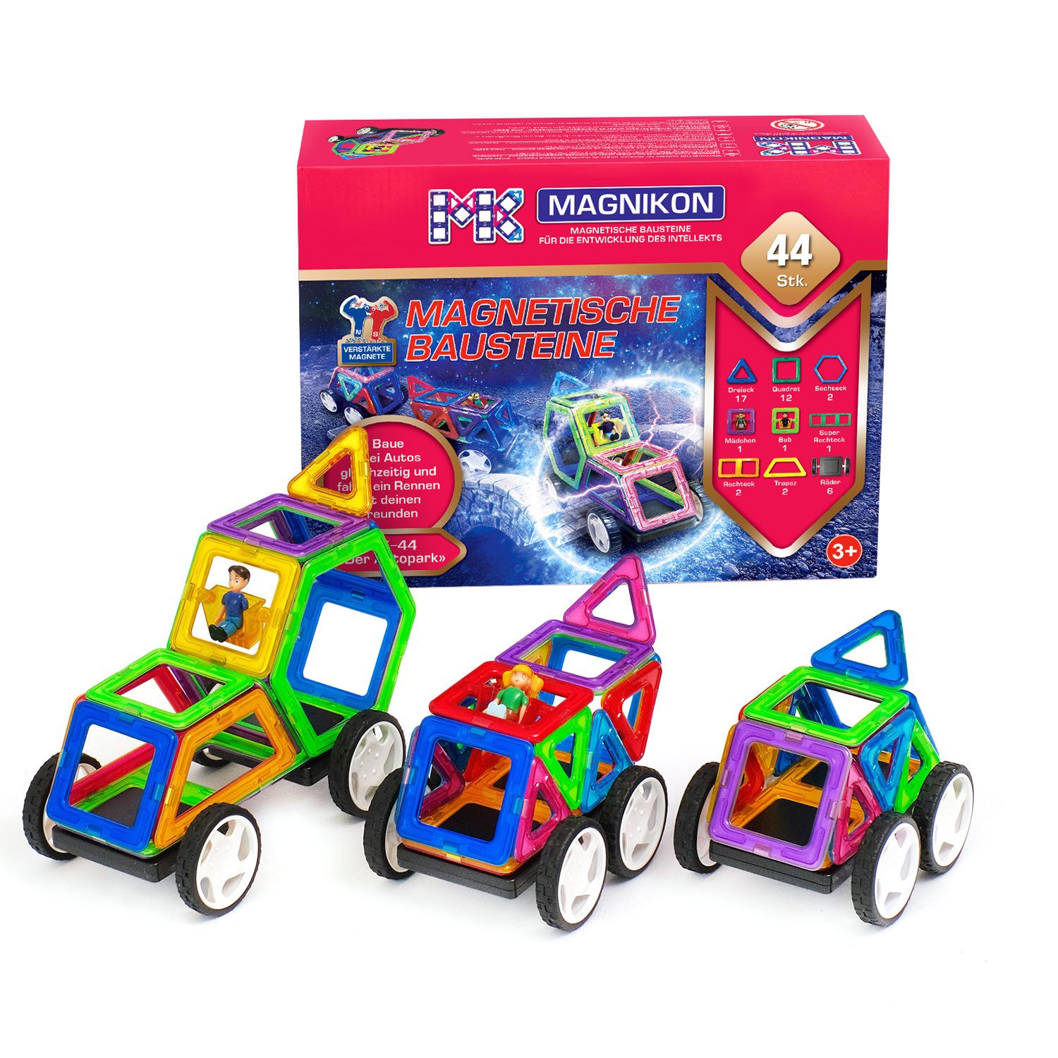 MAGNIKON Magnetspiel Bauklötze Das Rennen mit Rädern, 17 Teile Magnetspielbausteine, (Magnetische Bausteine, 44 St., Verstärkte Magnete), robuster Kunststof