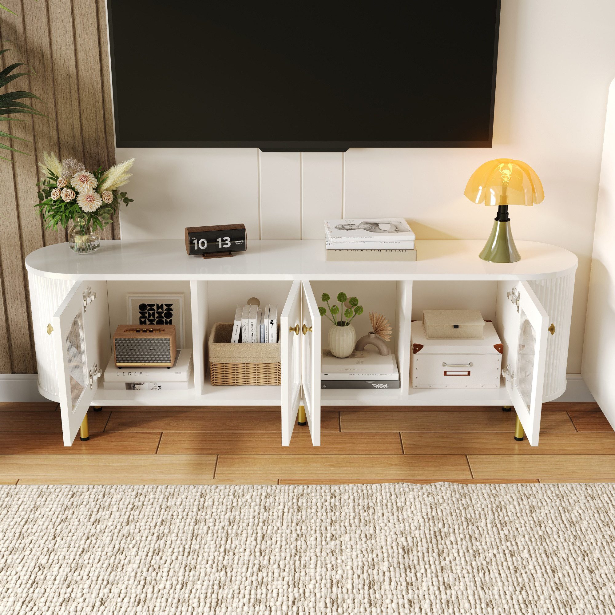 Merax Lowboard (1 St), TV-Schrank mit Glastüren und goldenen Akzenten, Breit: 170cm