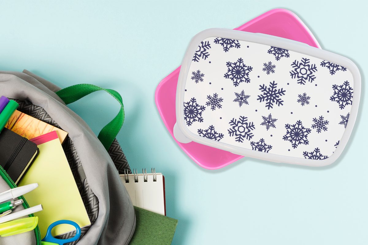 MuchoWow Lunchbox Schneeflocke - Mädchen, für Snackbox, Kunststoff, Brotbox (2-tlg), Winter Muster, Erwachsene, Kunststoff - rosa Kinder, Brotdose