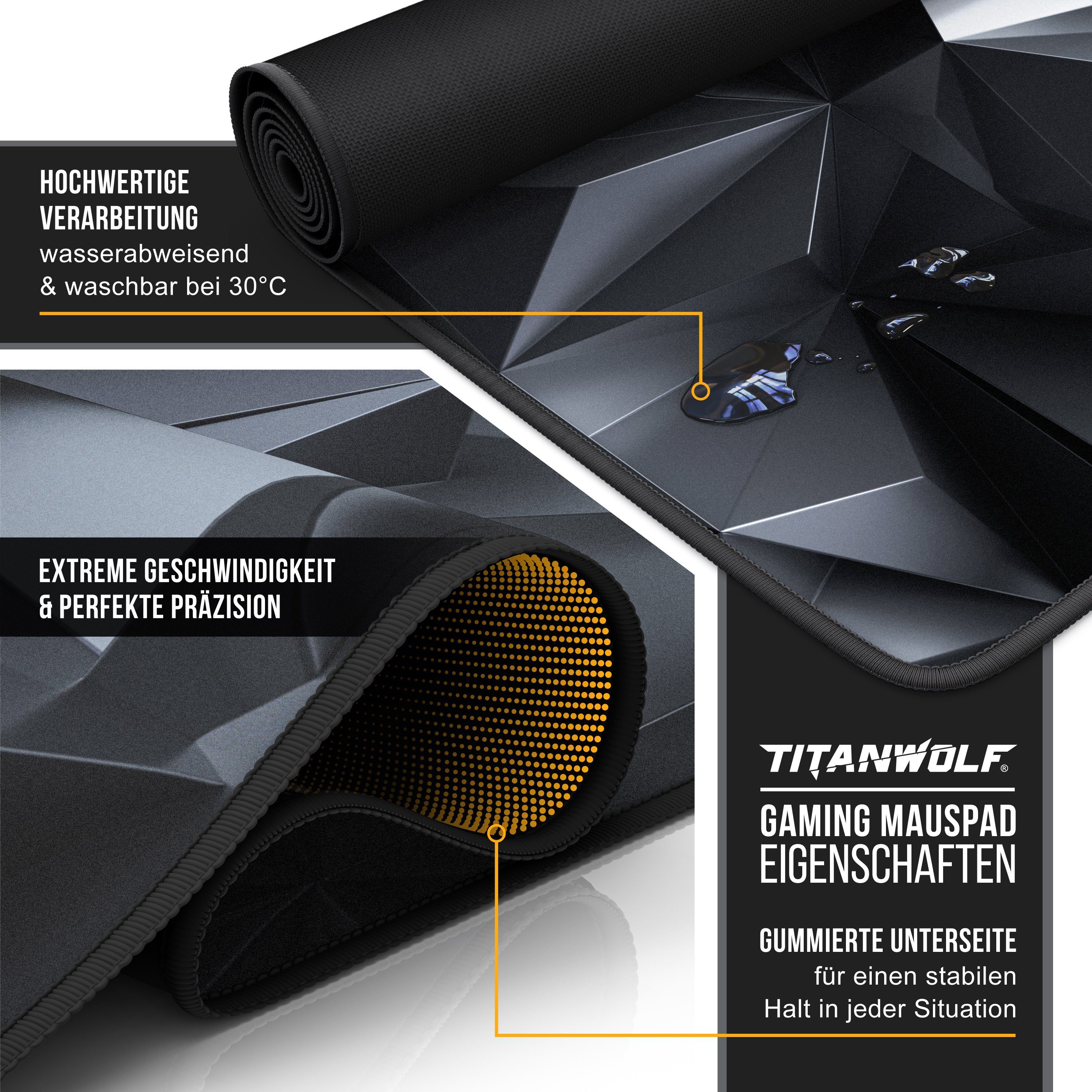 Titanwolf Gaming Mauspad XXL Speed Mousepad 900 x 400 x 3 mm, große Tischunterlage (1-St), rutschfest, abwaschbar, Geschwindigkeit & Präzision, Black Crystal – Bild 3 von 5