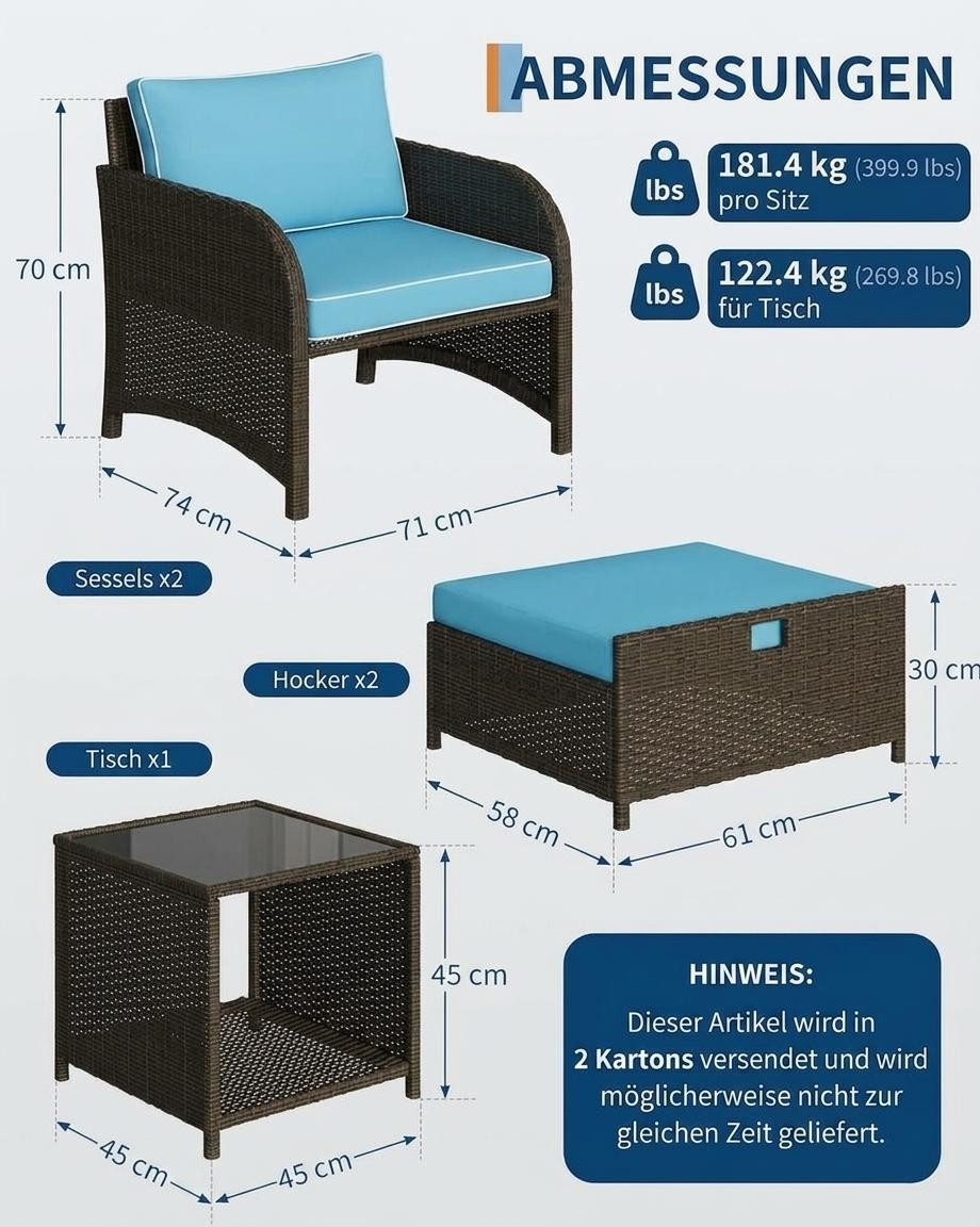 GarveeMore Gartenlounge-Set Terrassenmöbel mit Tisch,5 teilig Rattan Balkonmöbel Kleiner Balkon, Gartenmöbel Set Balkonset 2 Rattansessel mit Hocker,Outdoor Sitzgruppe