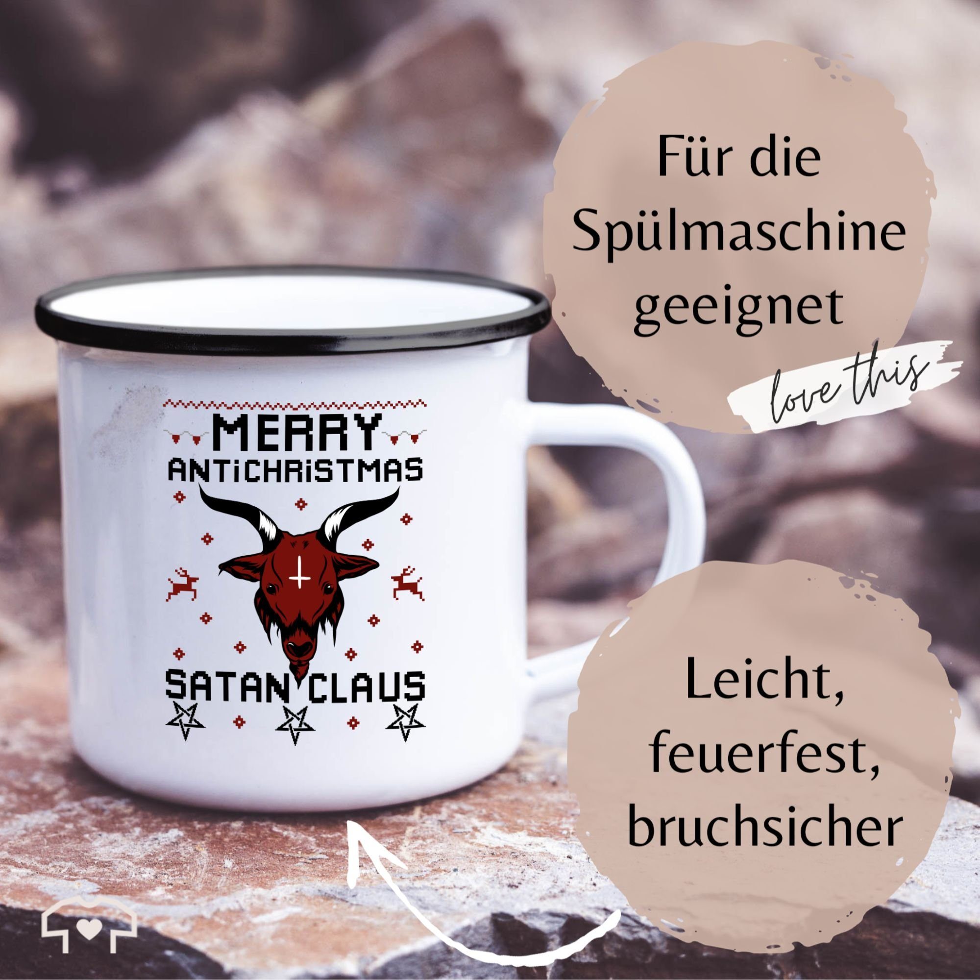 Satan Antichristmas Tasse Schwarz Stahlblech, 2 Merry Claus, Weihnachtstasse Weiß Shirtracer