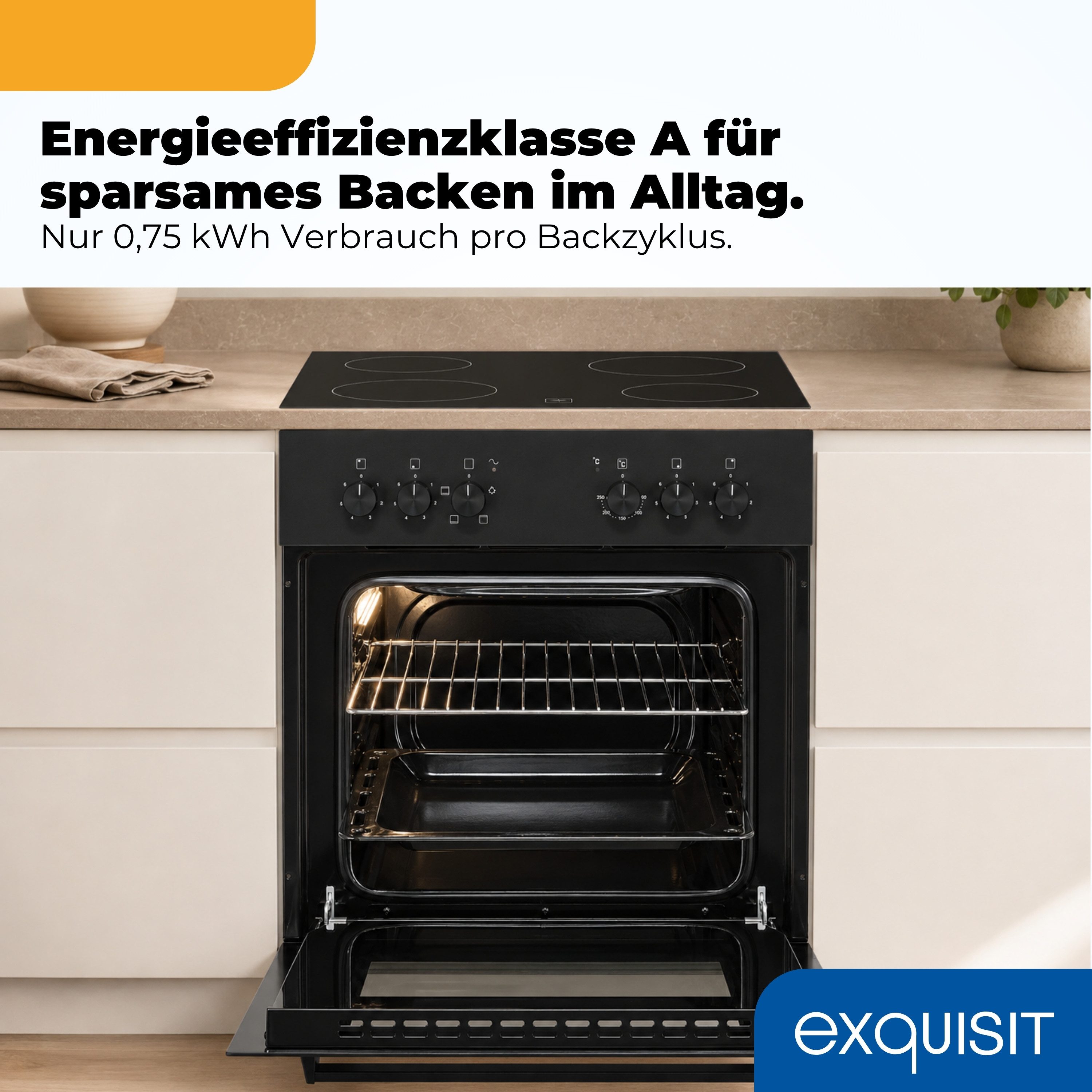 exquisit Backofen-Set EHE346-120 Set mattschwarz, Ober&Unterhitze mit 4-Zonen-Glaskeramikkochfeld – einfach & sicher!