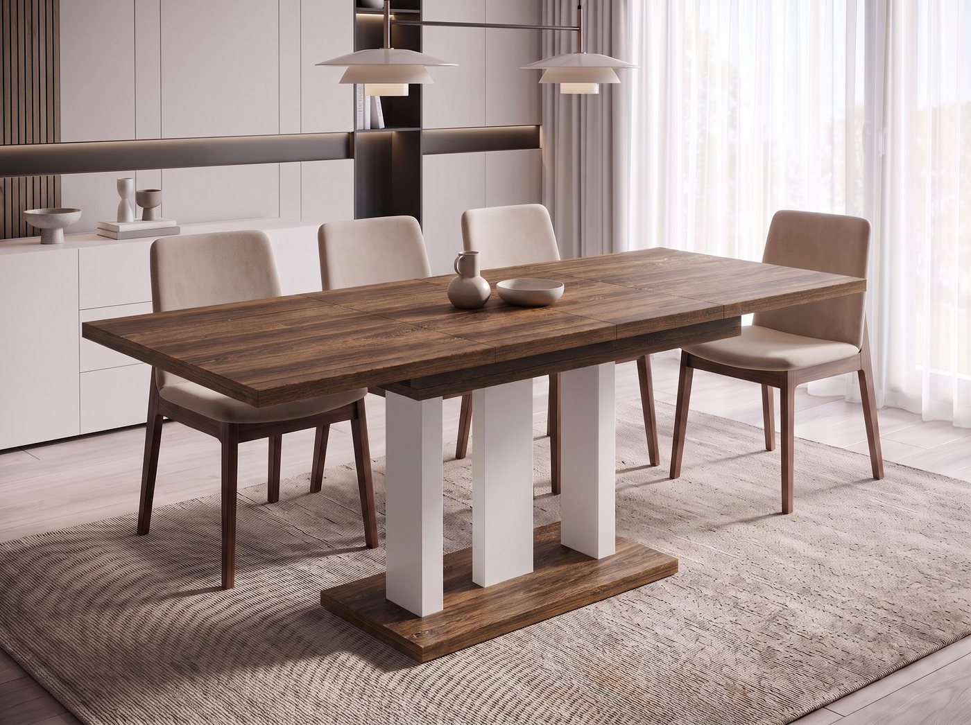 Endo-Moebel Säulen-Esstisch "Appia White" 130-210cm ausziehbar, erweiterbar, modern (1 Tisch), 2 Erweiterungsplatten, für 4, 6 oder 8 Personen, weiße Beine