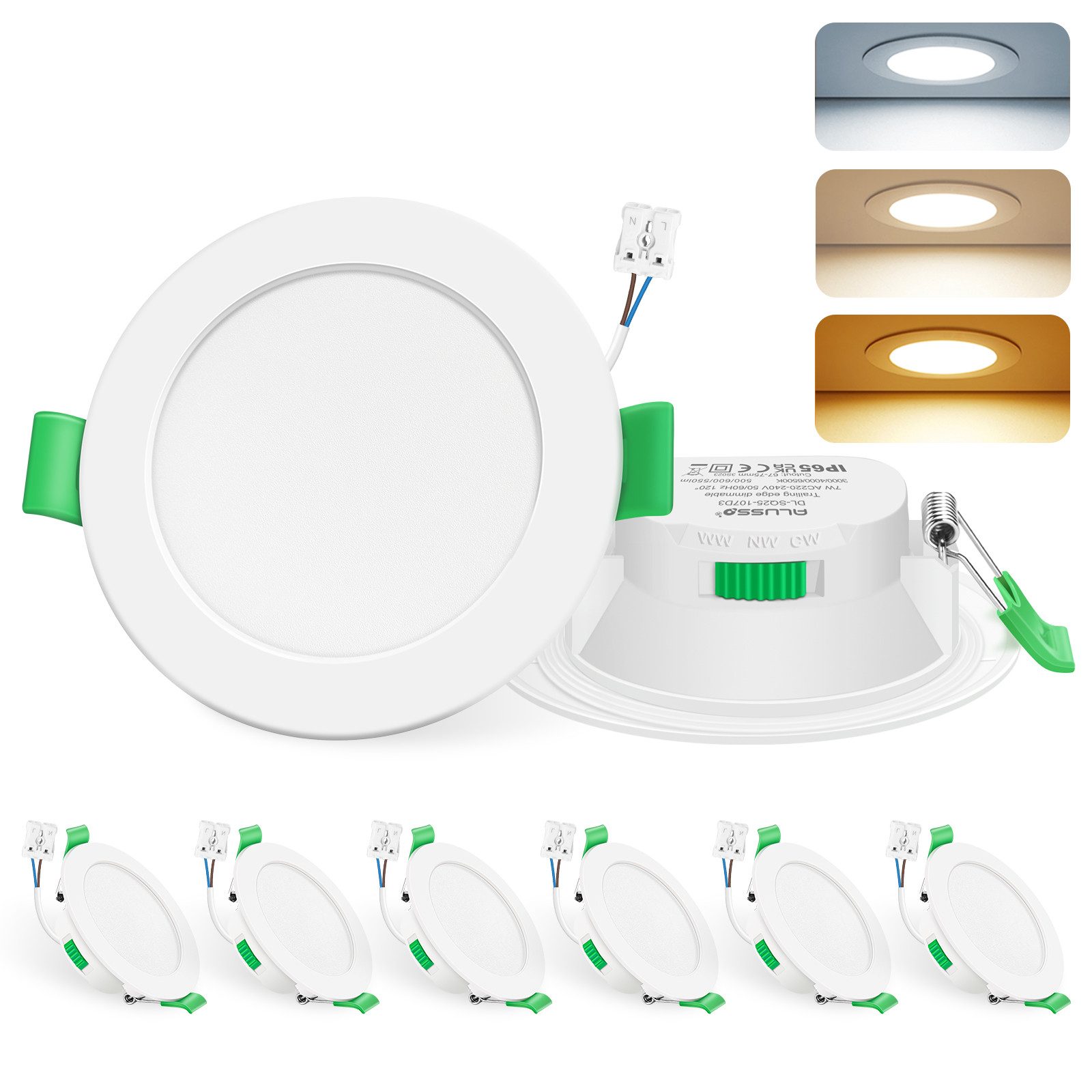 ALUSSO LED Einbaustrahler 6er-Set, 68mm 7W LED Einbaustrahler, Decken Leuchte, Flach Прожекторы, dimmbar, 3000K/4000K/6500K, Rund, weiß