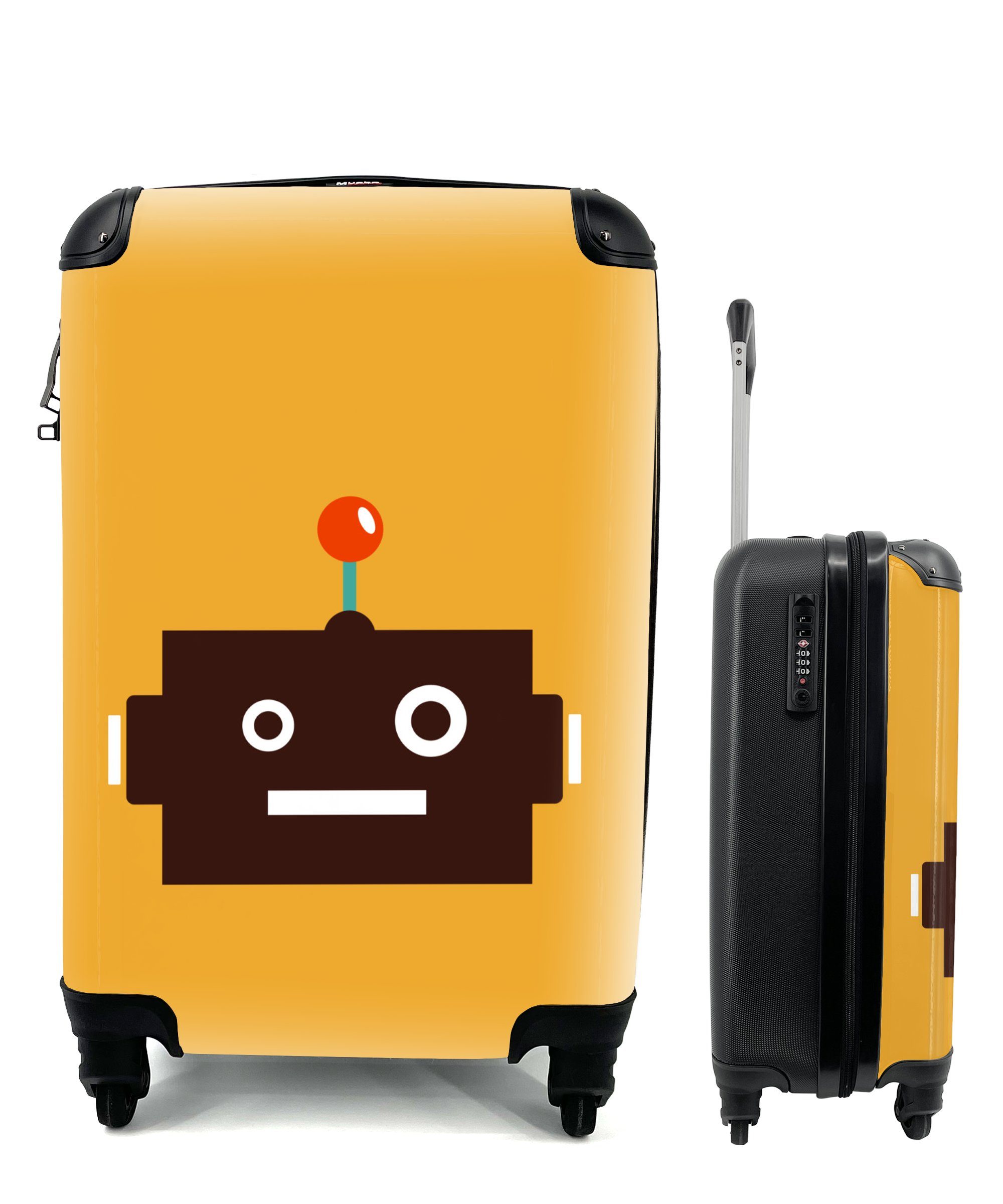 MuchoWow Handgepäckkoffer Roboter - Gesicht - Antenne - Gelb - Jungen - Kind, 4 Rollen, Reisetasche mit rollen, Handgepäck für Ferien, Trolley, Reisekoffer